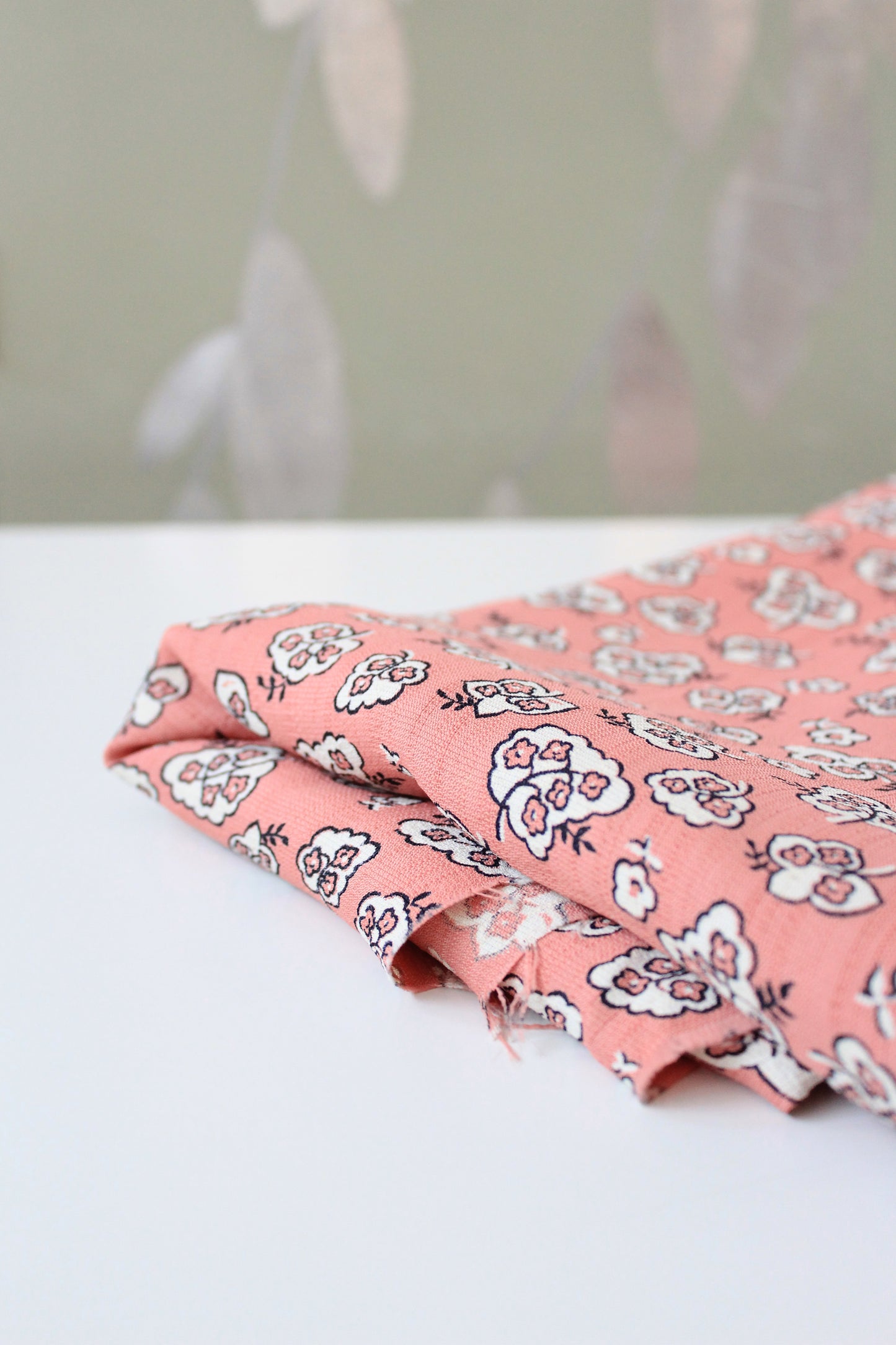 1940s Pink With White Illustrated Flowers Rayon Fabric, 3.3 Yards