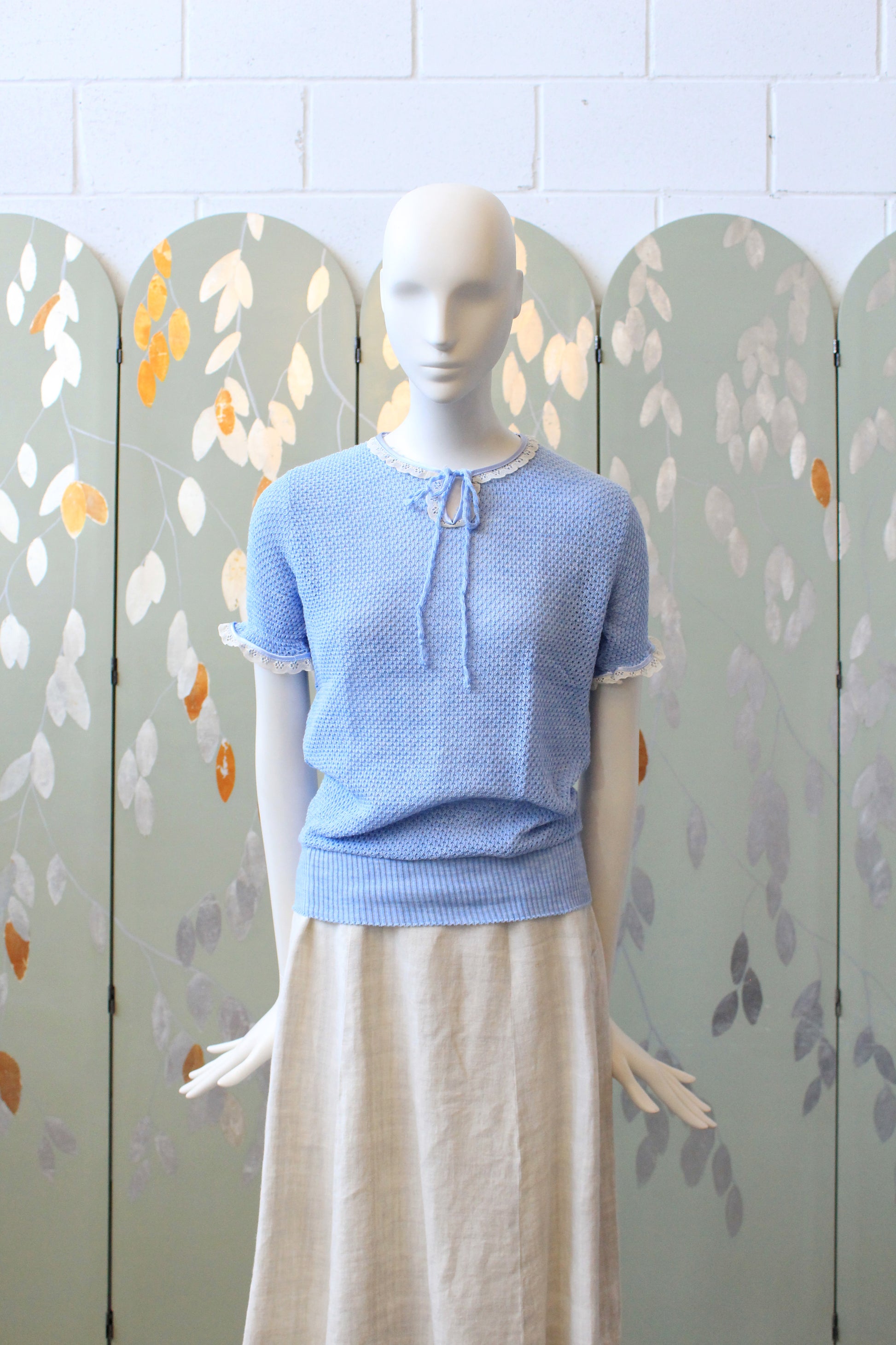 1980s Ultra Feminine Deadstock Short Sleeve Light Blue Knit Top With Lace Trim And Bow, Small