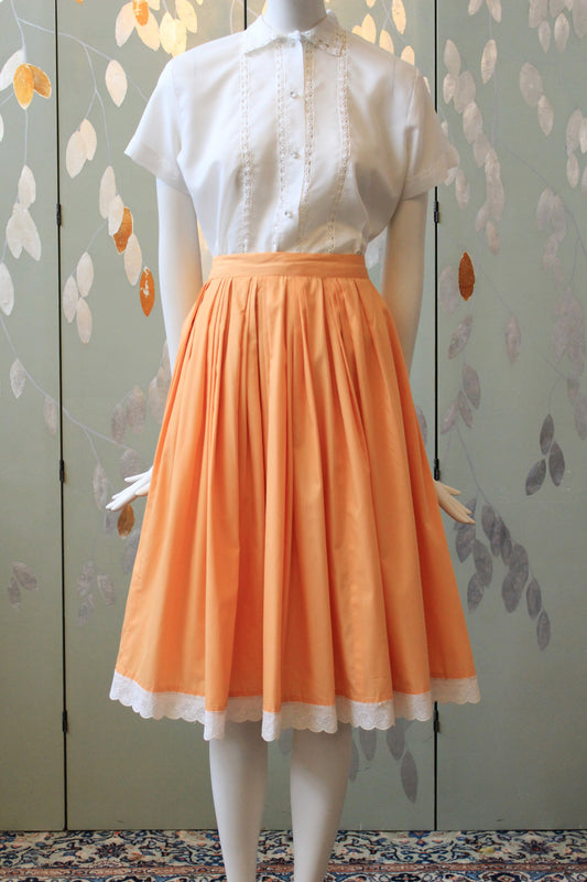 1950s Cotton Pleated Orange Skirt With Broderie Trim, M
