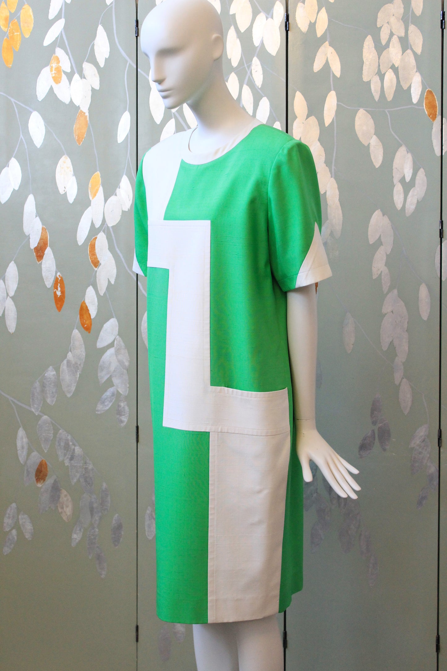 1980s does 1960s Graphic Green And White Mod Dress, Medium