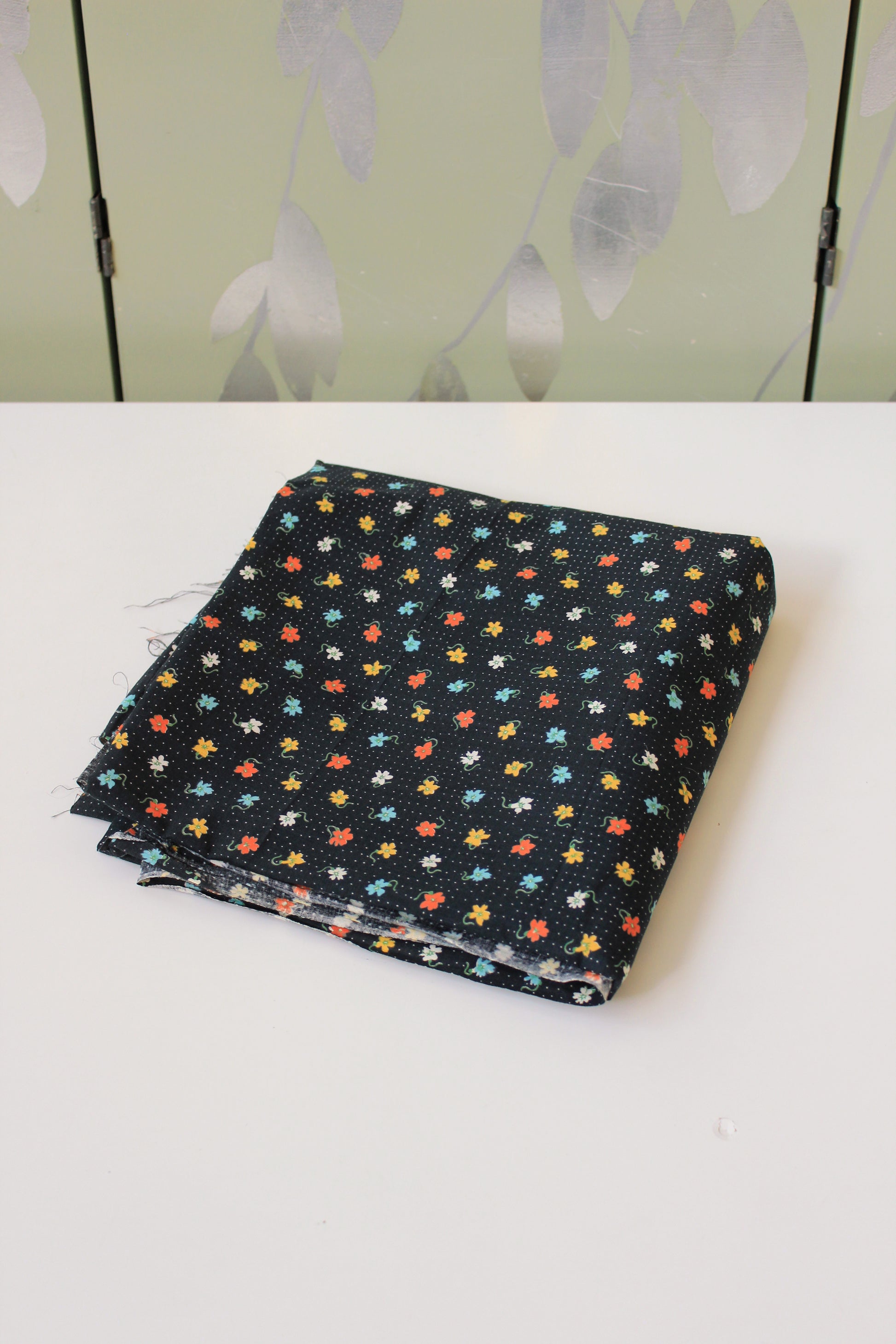 1950s Black Polka Dot Cotton Fabric With Bright Coral/Yellow/Teal Flowers, 4.1 Yards