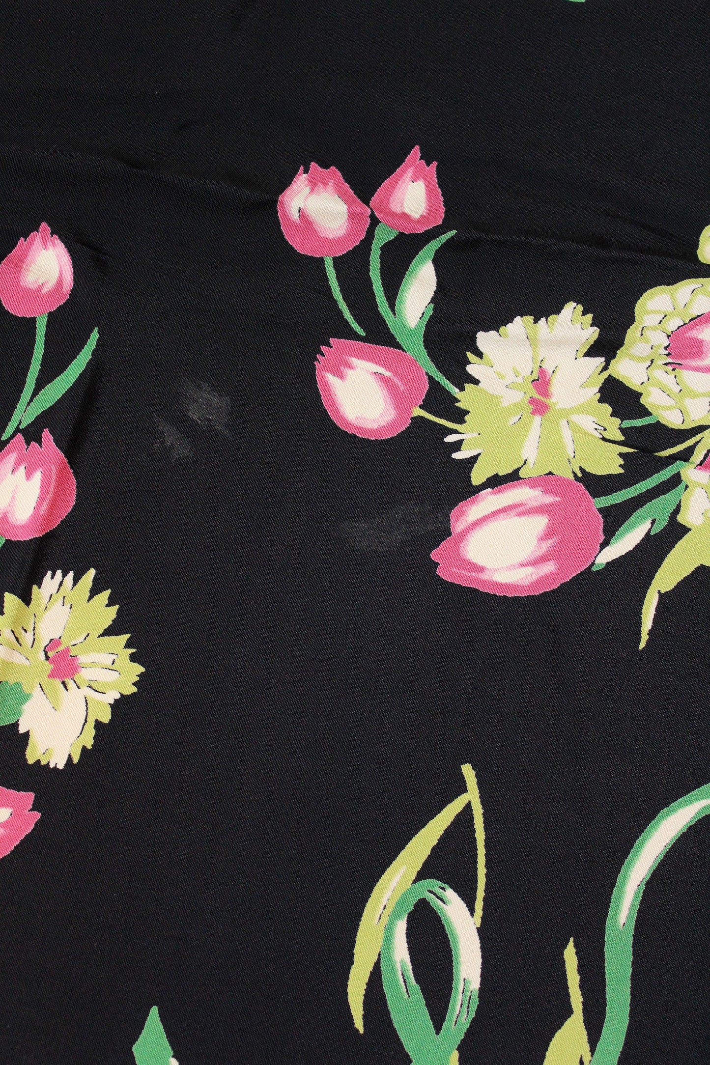 1940s Black Rayon Fabric With Pink And Green Tulip Bouquets, 5.5 Yards