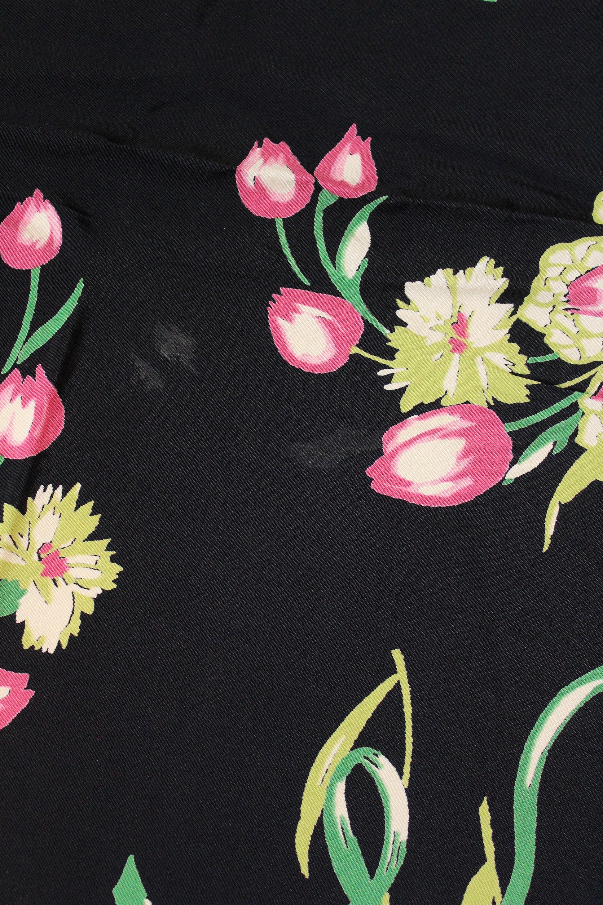 1940s Black Rayon Fabric With Pink And Green Tulip Bouquets, 5.5 Yards