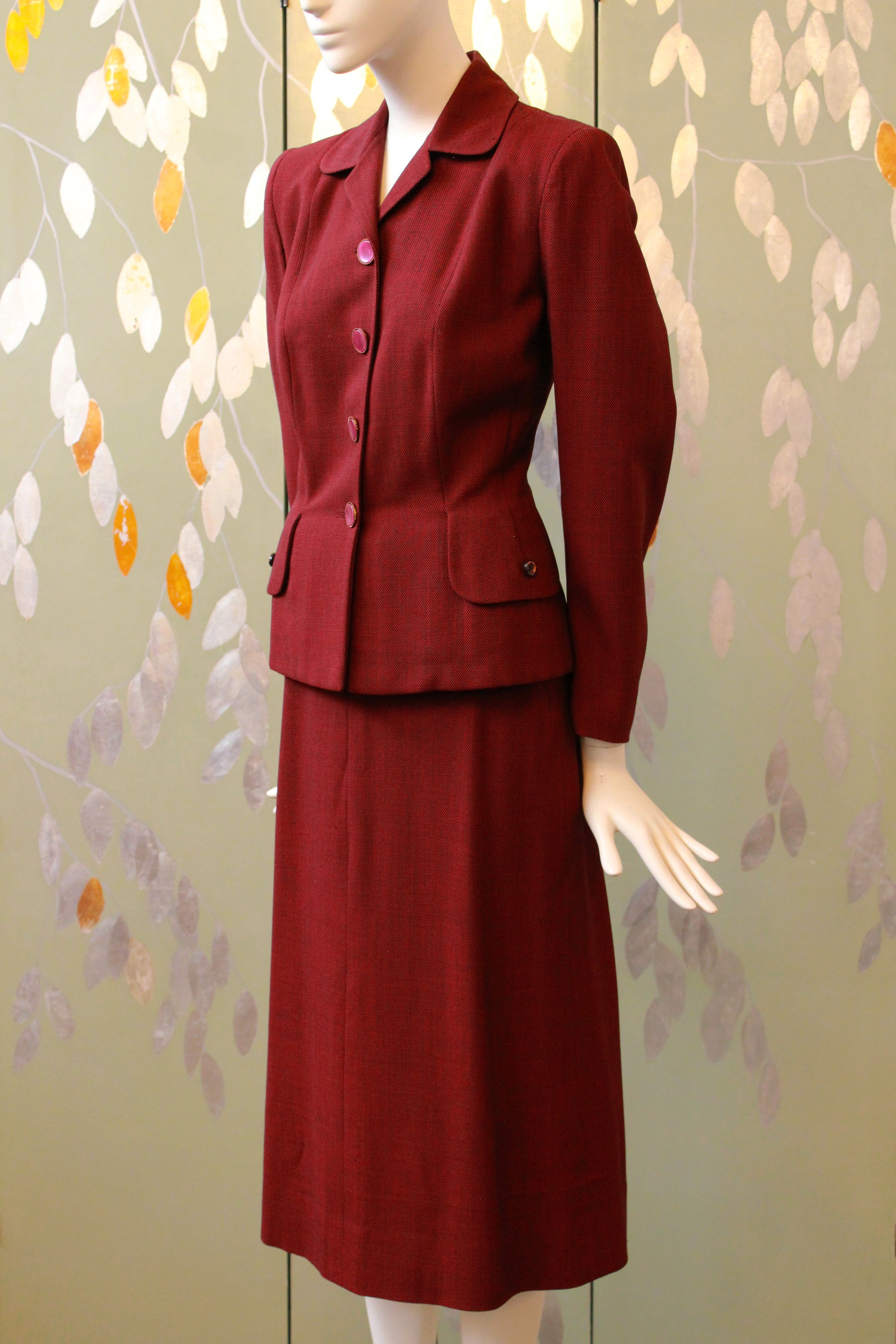 Vintage 1950s Fitted Deep Red Skirt Suit Set, Fall Suit XS