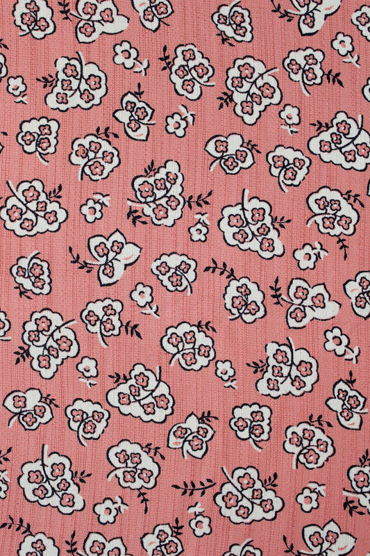 1940s Pink With White Illustrated Flowers Rayon Fabric, 3.3 Yards
