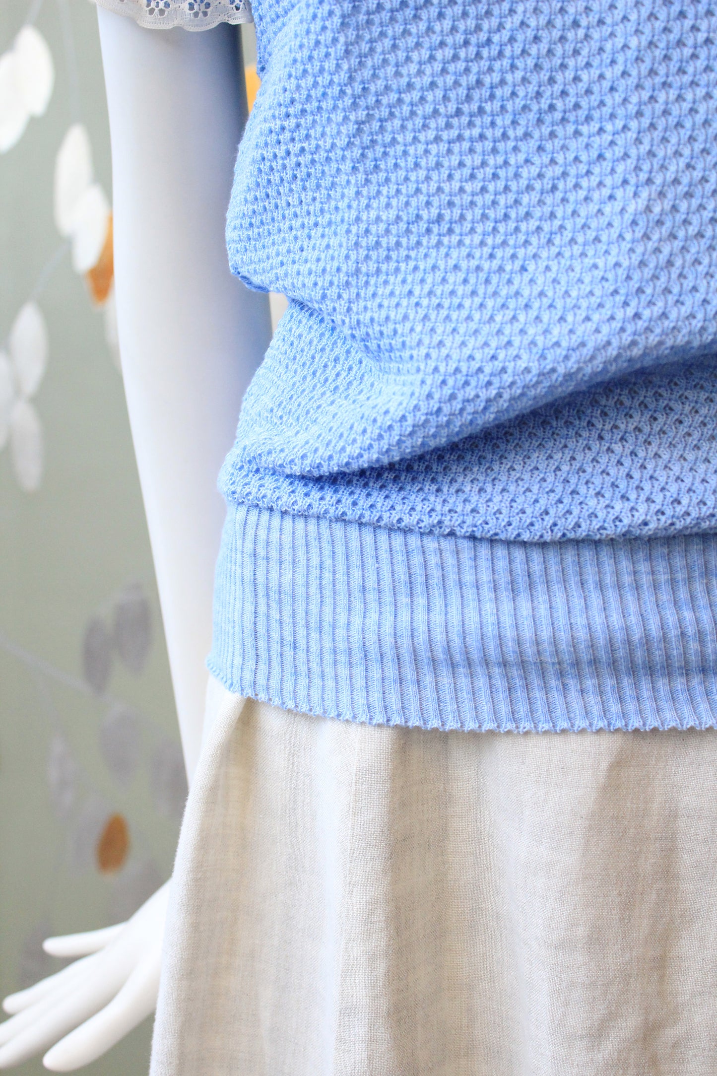 1980s Ultra Feminine Deadstock Short Sleeve Light Blue Knit Top With Lace Trim And Bow, Small