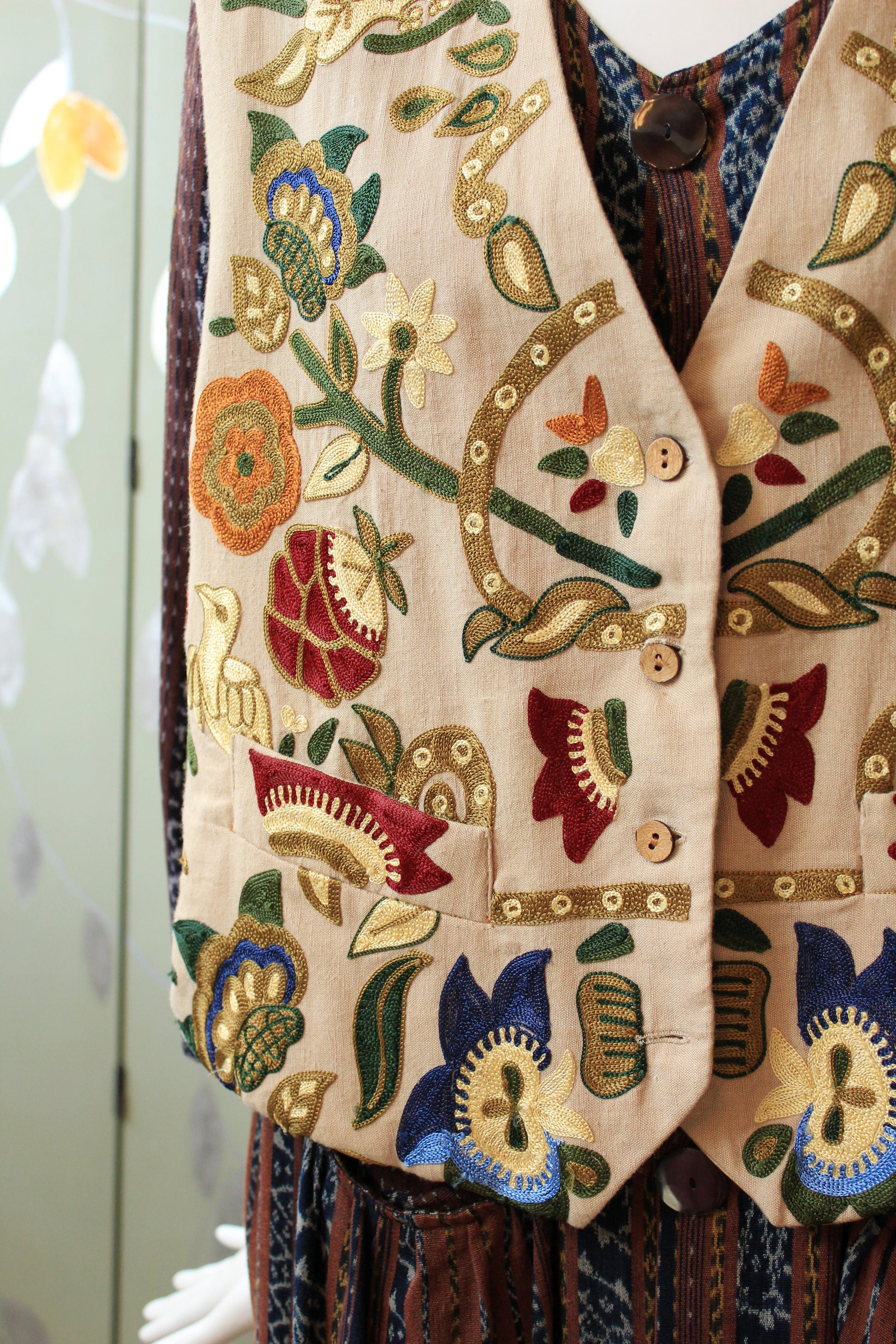 Whimsical Cream Floral and Bird Embroidered Vest, Made In India, Large