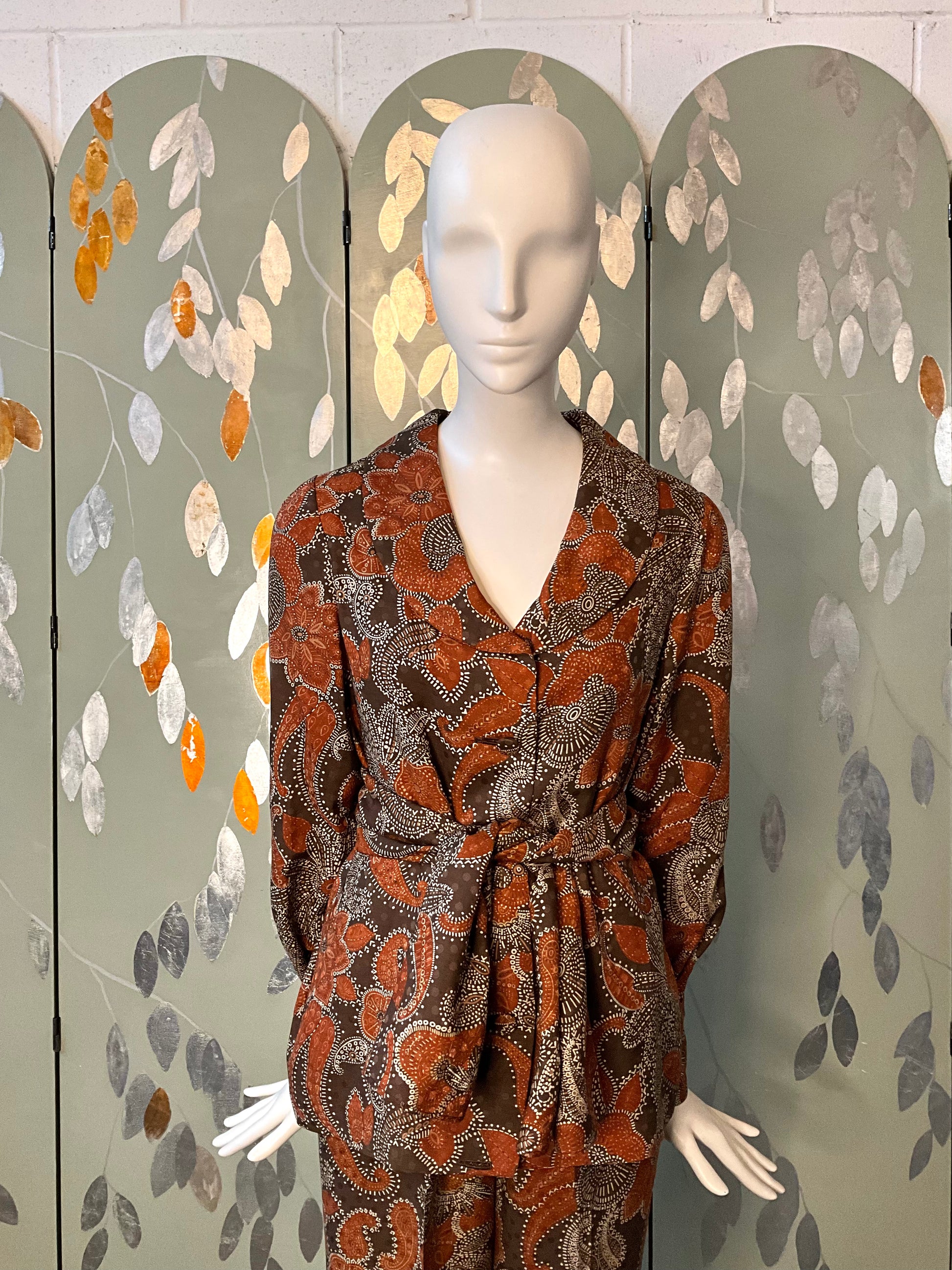 Vintage 1960s Brown Paisley Print 3-Piece Pant, Skirt and Blouse Set, Small 
