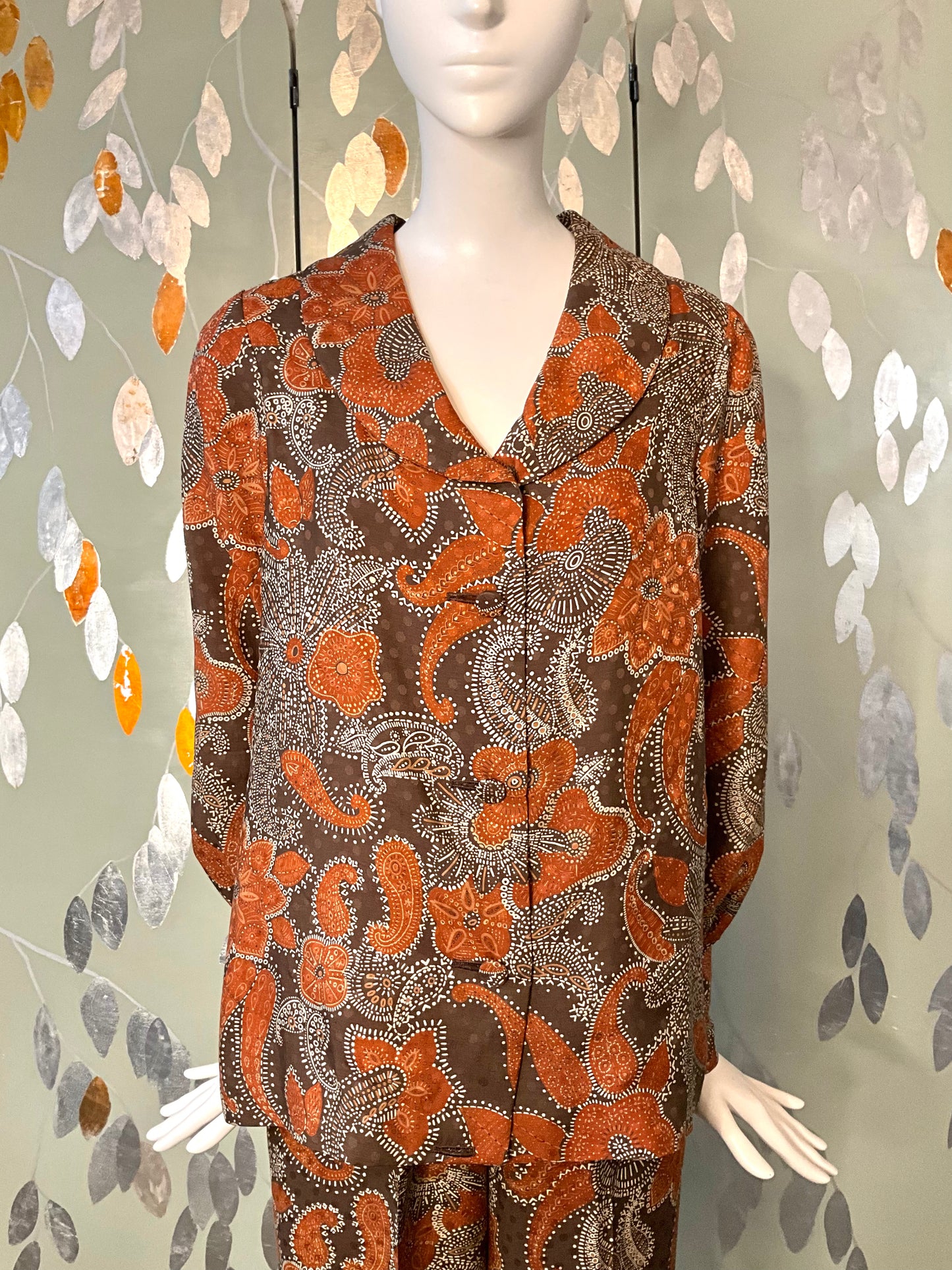 Vintage 1960s Brown Paisley Print 3-Piece Pant, Skirt and Blouse Set, Small 