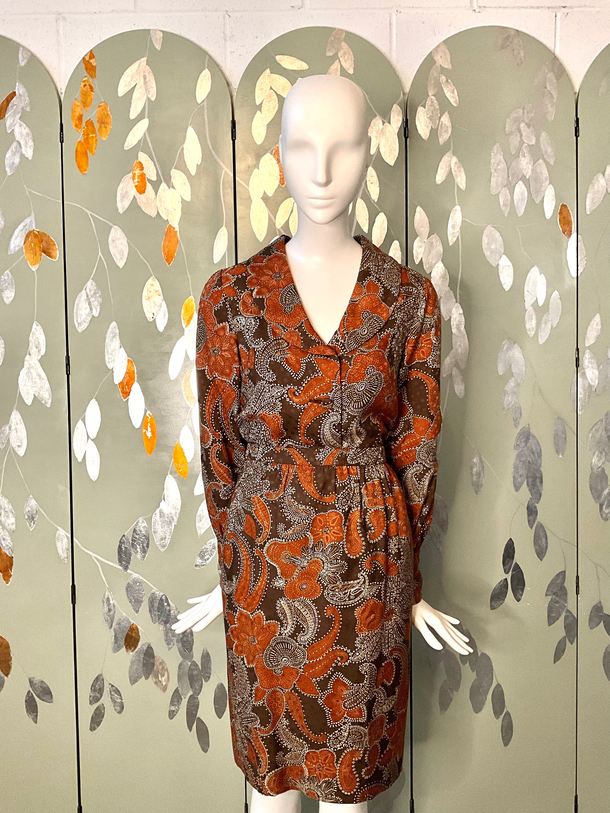 Vintage 1960s Brown Paisley Print 3-Piece Pant, Skirt and Blouse Set, Small 