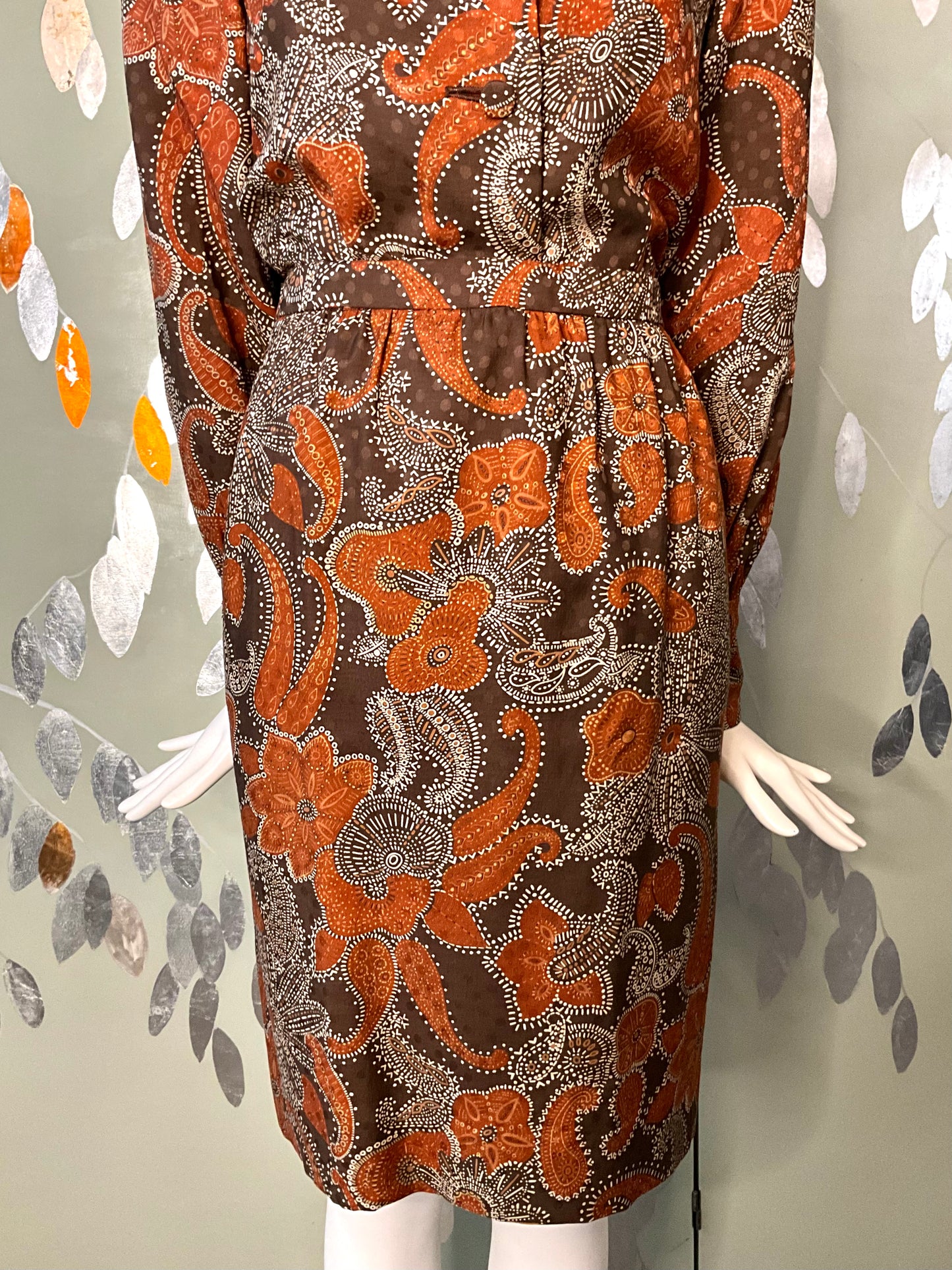 Vintage 1960s Brown Paisley Print 3-Piece Pant, Skirt and Blouse Set, Small 