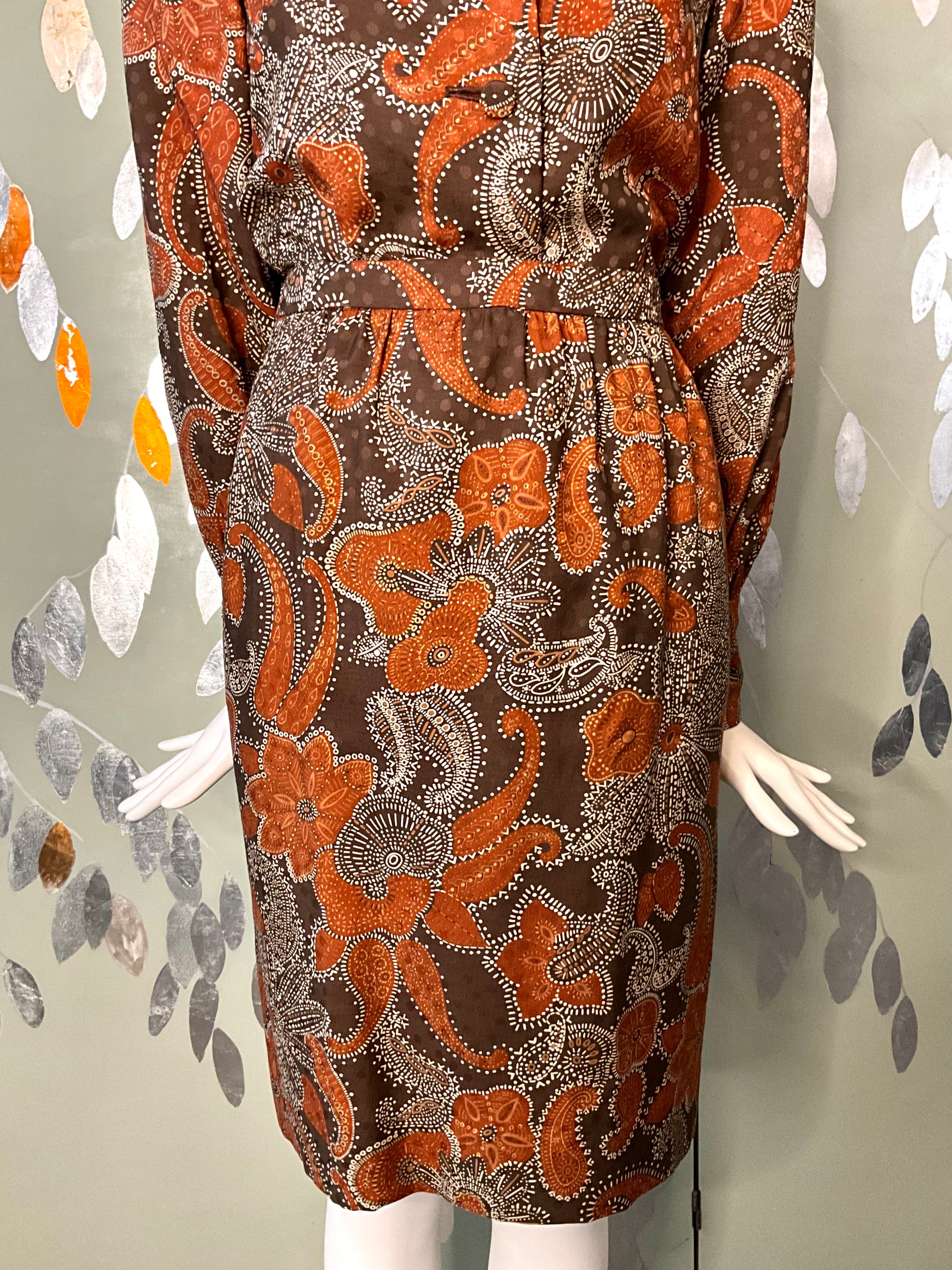 Vintage 1960s Brown Paisley Print 3-Piece Pant, Skirt and Blouse Set, Small 