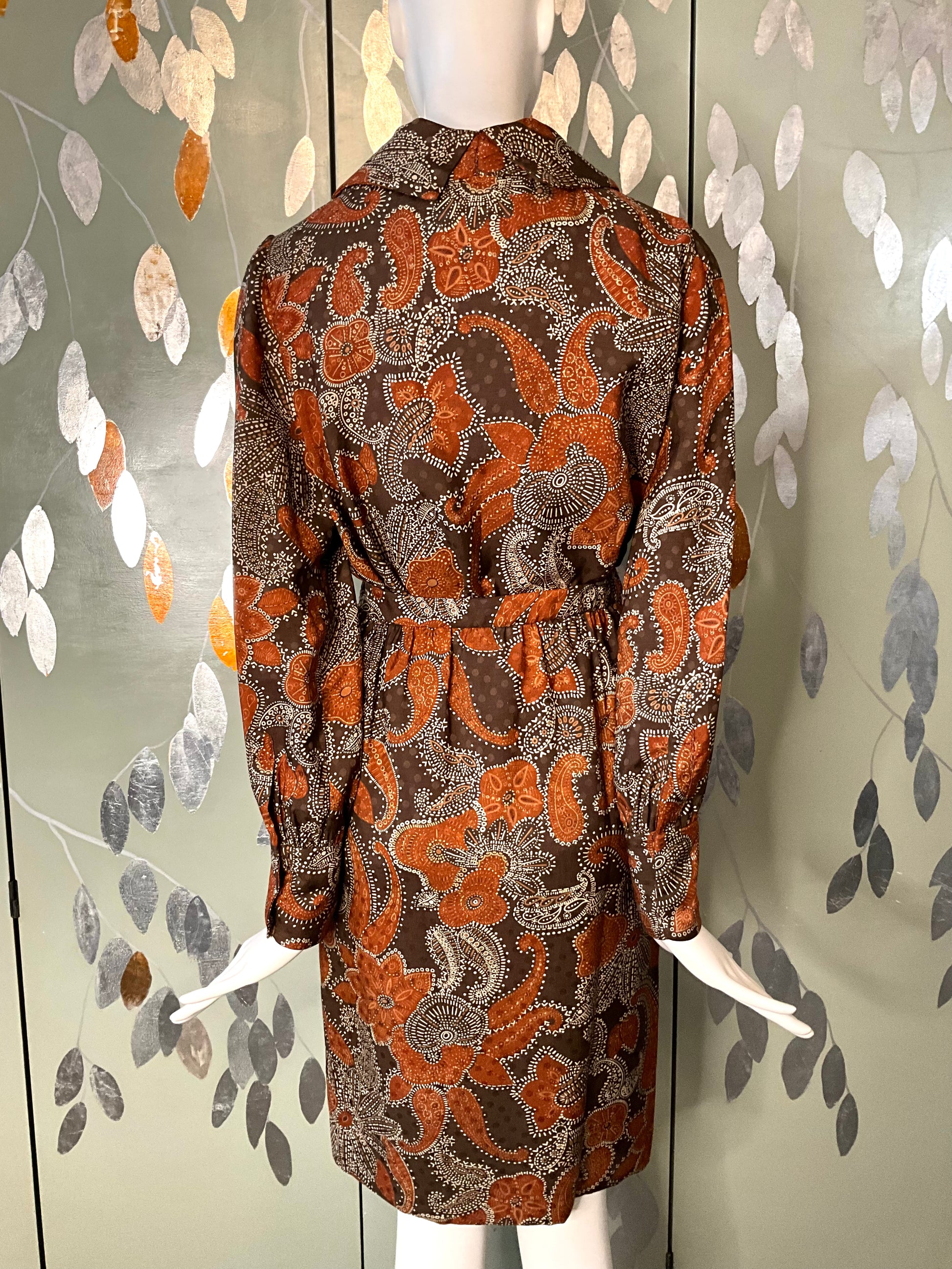 Vintage 1960s Brown Paisley Print 3-Piece Pant, Skirt and Blouse Set, Small 