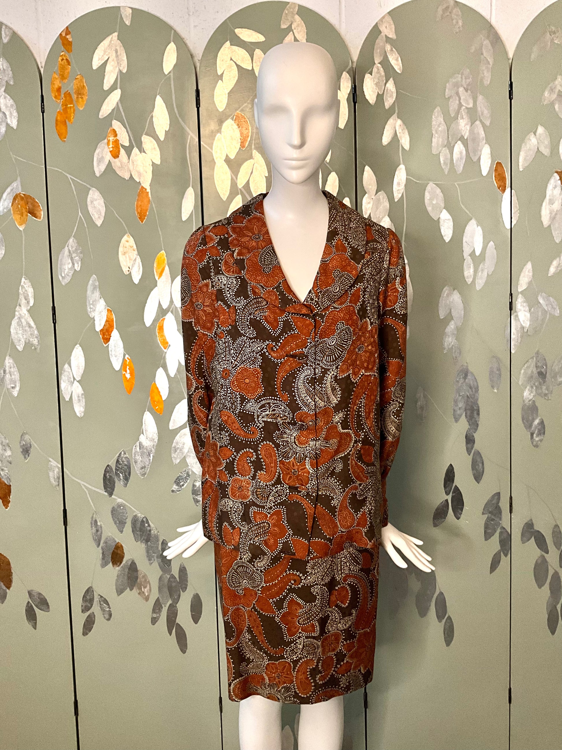 Vintage 1960s Brown Paisley Print 3-Piece Pant, Skirt and Blouse Set, Small 