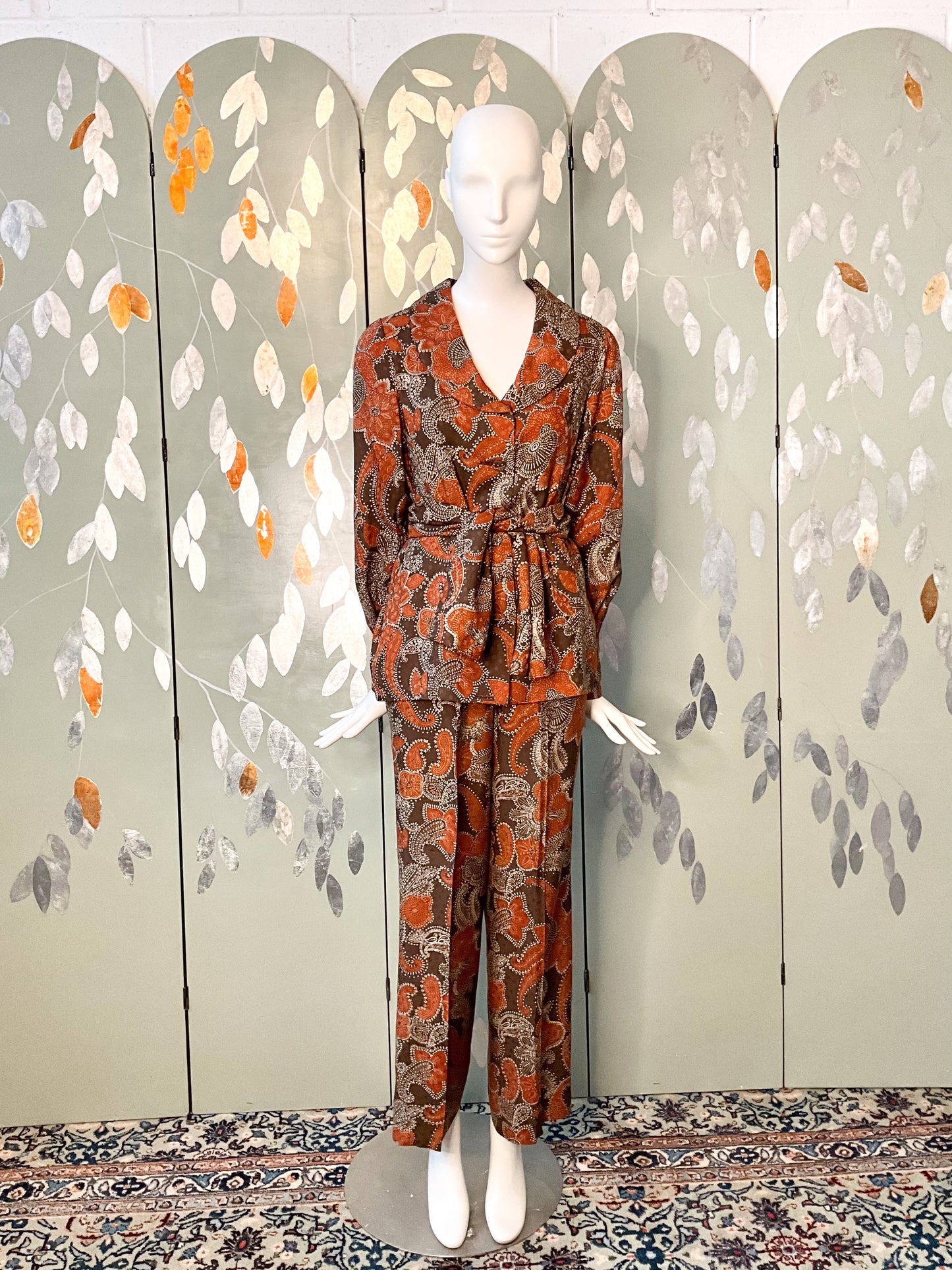 Vintage 1960s Brown Paisley Print 3-Piece Pant, Skirt and Blouse Set, Small 