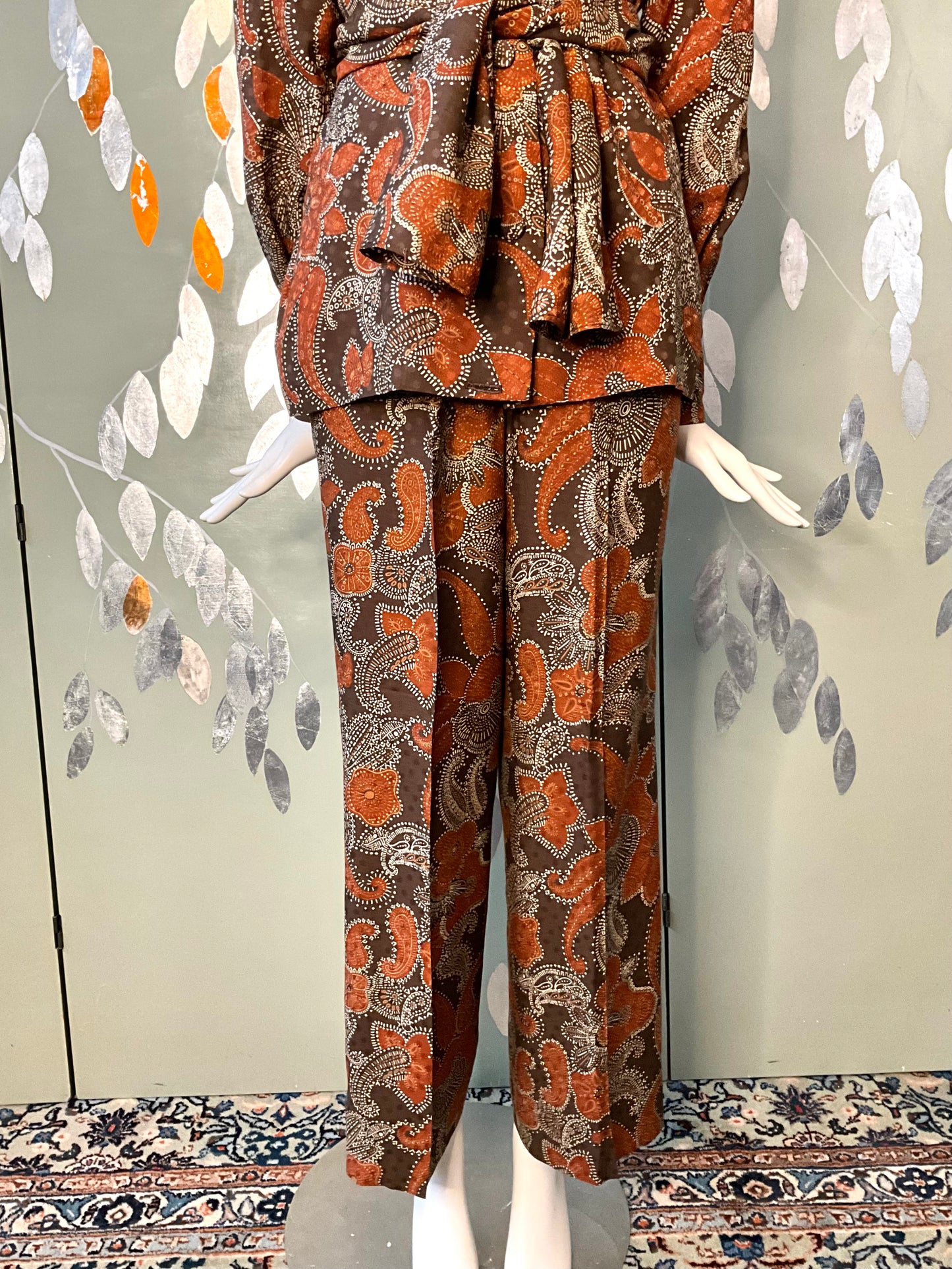 Vintage 1960s Brown Paisley Print 3-Piece Pant, Skirt and Blouse Set, Small 