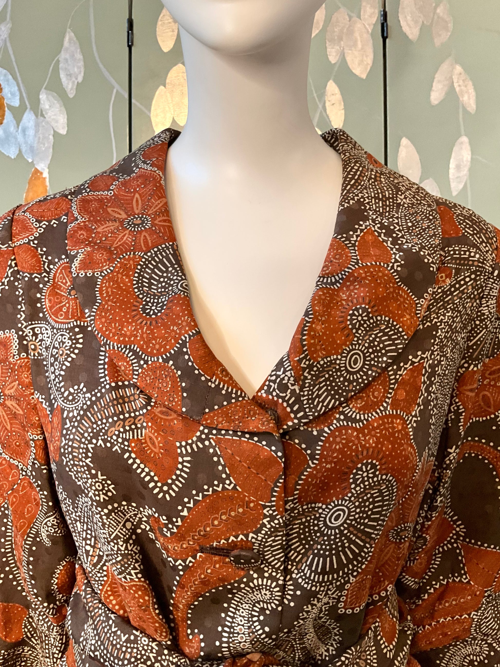 Vintage 1960s Brown Paisley Print 3-Piece Pant, Skirt and Blouse Set, Small 