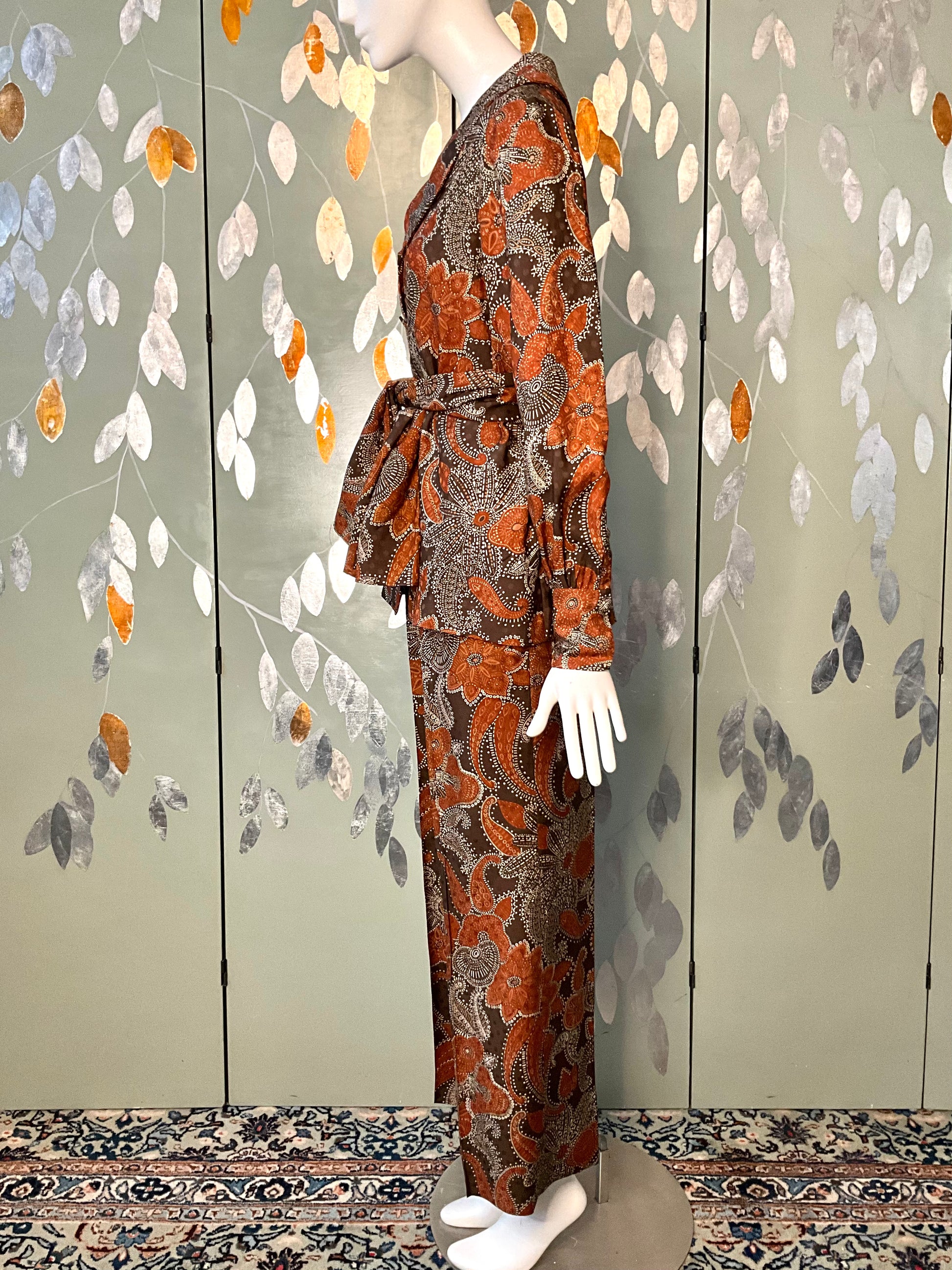 Vintage 1960s Brown Paisley Print 3-Piece Pant, Skirt and Blouse Set, Small 