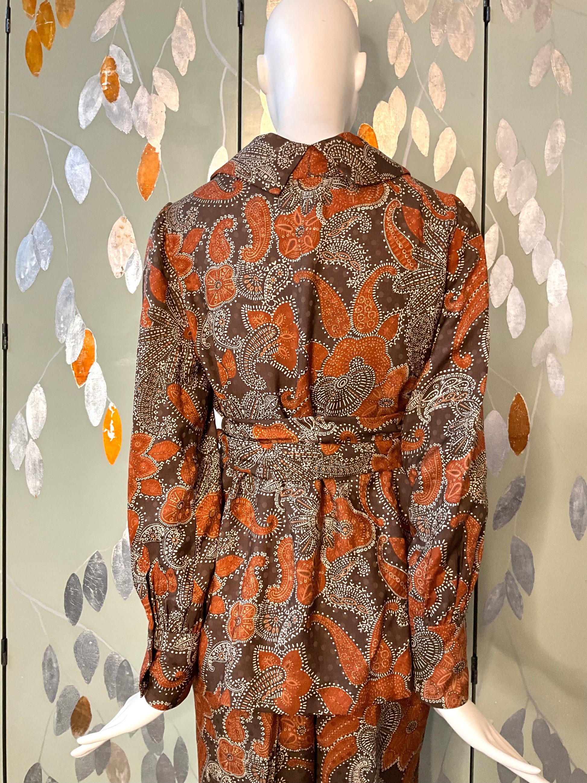 Vintage 1960s Brown Paisley Print 3-Piece Pant, Skirt and Blouse Set, Small 