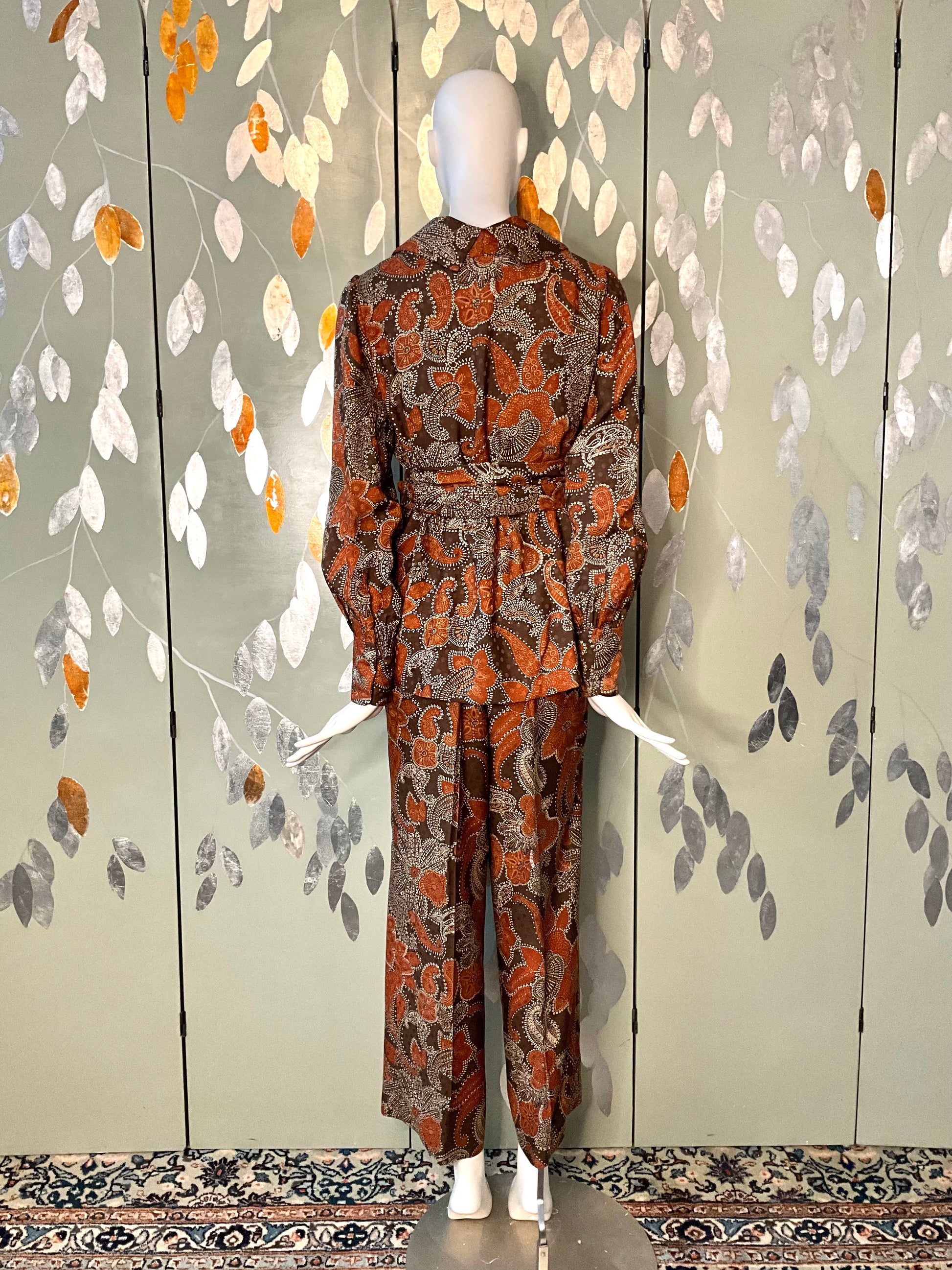 Vintage 1960s Brown Paisley Print 3-Piece Pant, Skirt and Blouse Set, Small 