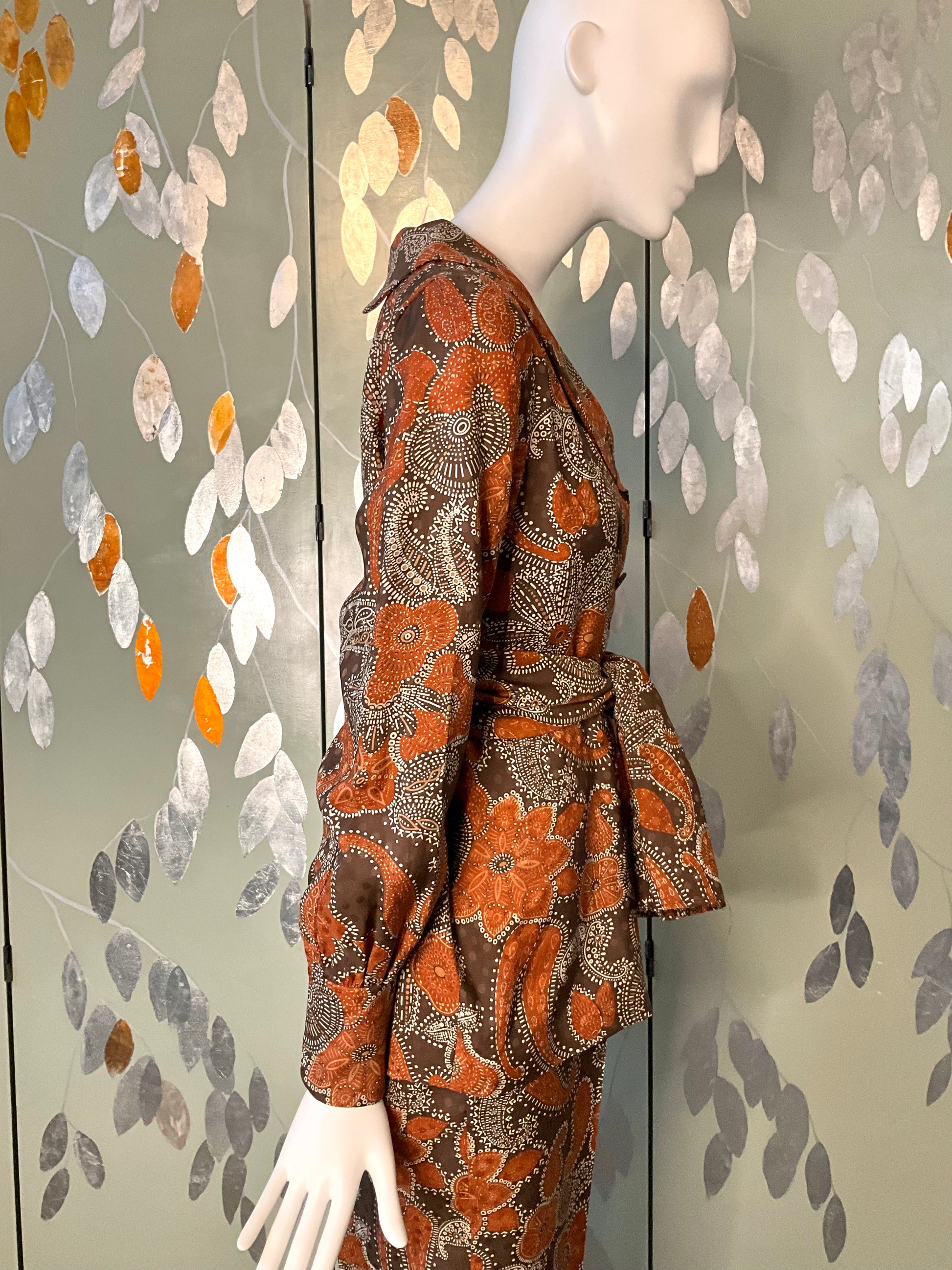 Vintage 1960s Brown Paisley Print 3-Piece Pant, Skirt and Blouse Set, Small 