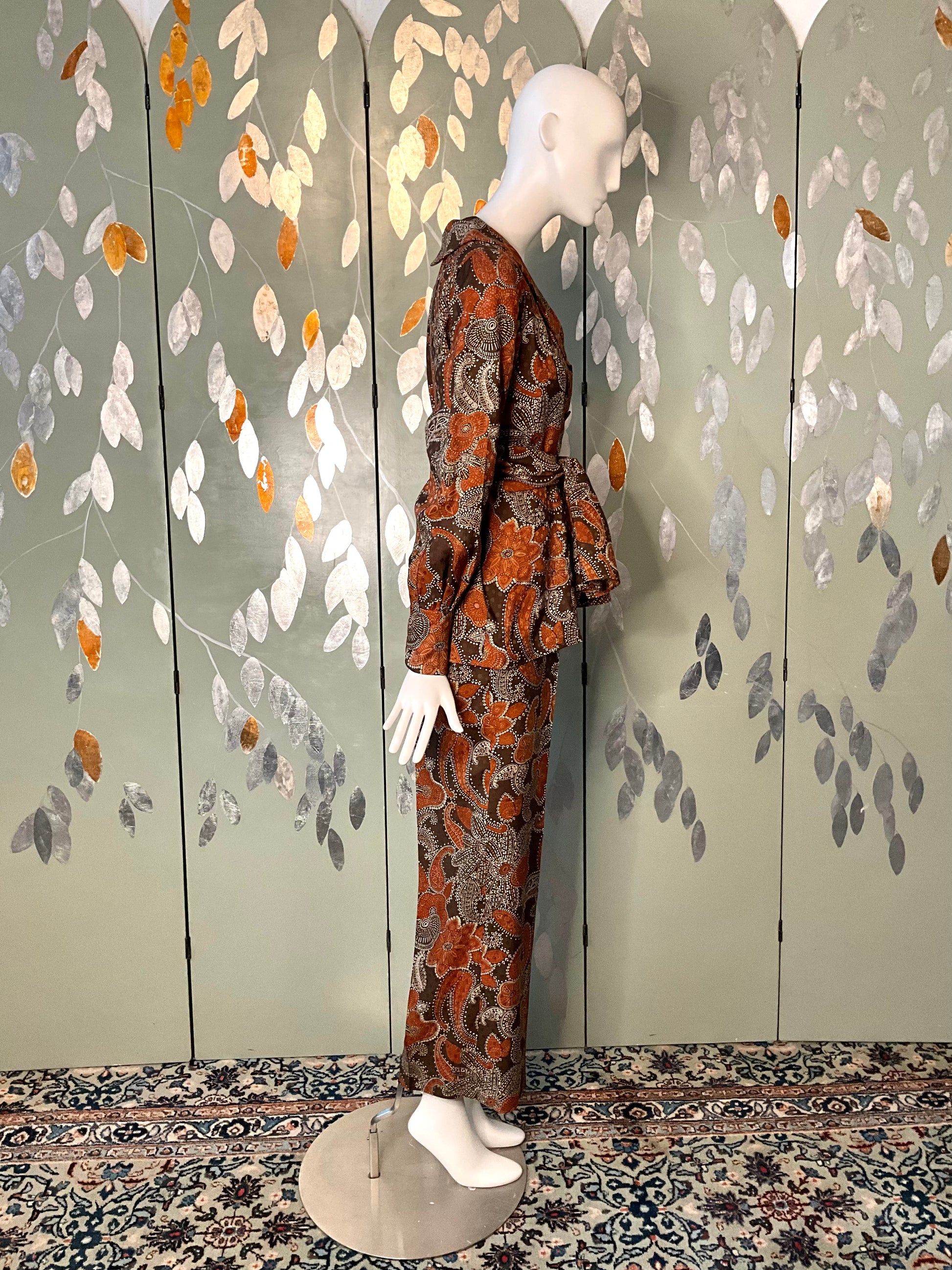 Vintage 1960s Brown Paisley Print 3-Piece Pant, Skirt and Blouse Set, Small 