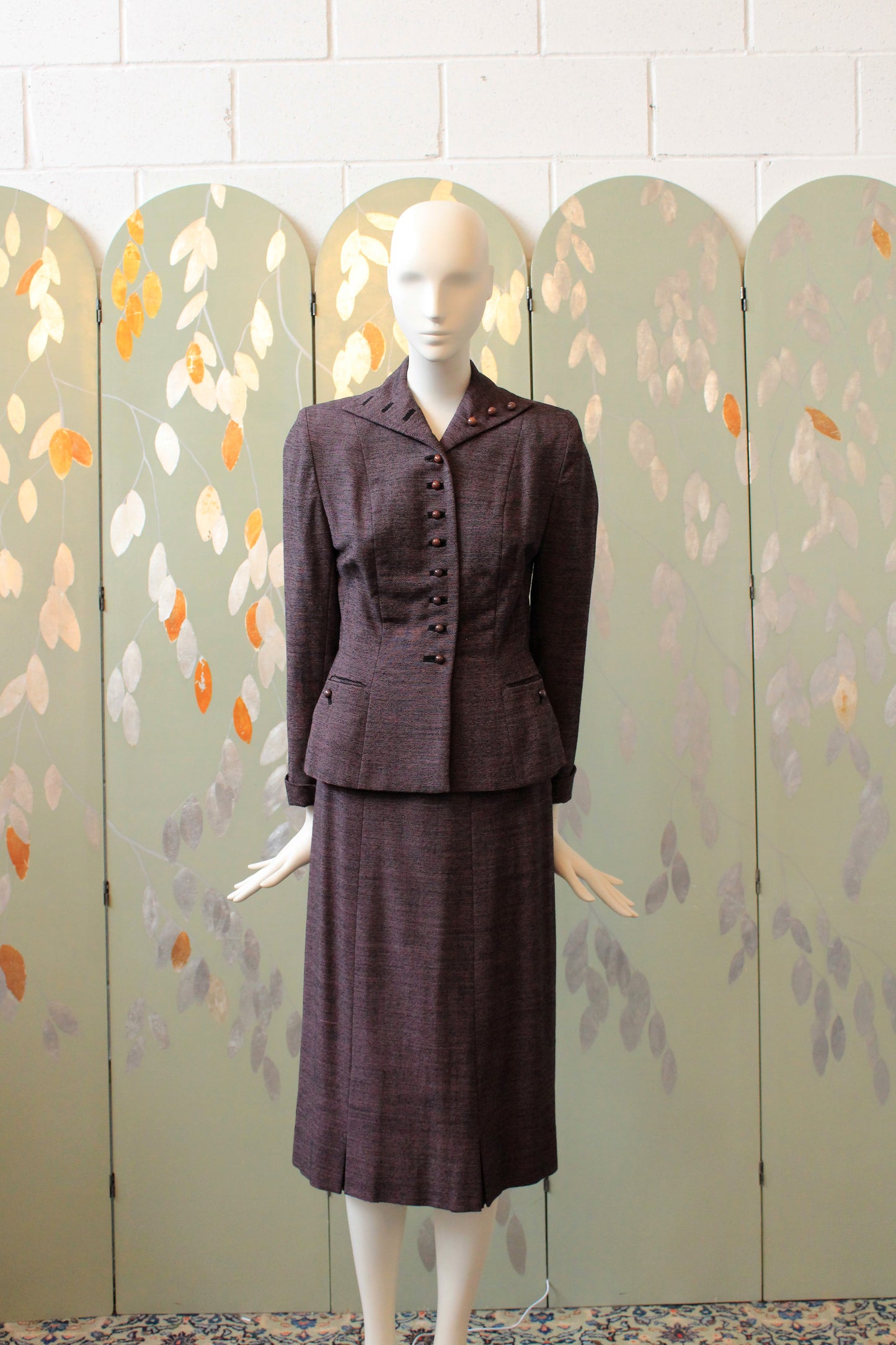 Vintage 1950s Purple/Black Small Button Virgin Wool Skirt Suit Set, XS