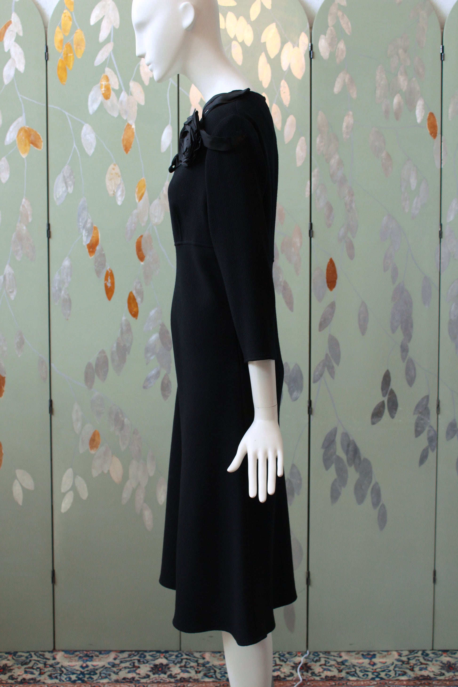 Vintage 1990s Black 3/4 Sleeve Wool Dress With Flower Detail, Rickie Freeman for Toni Jon, Medium