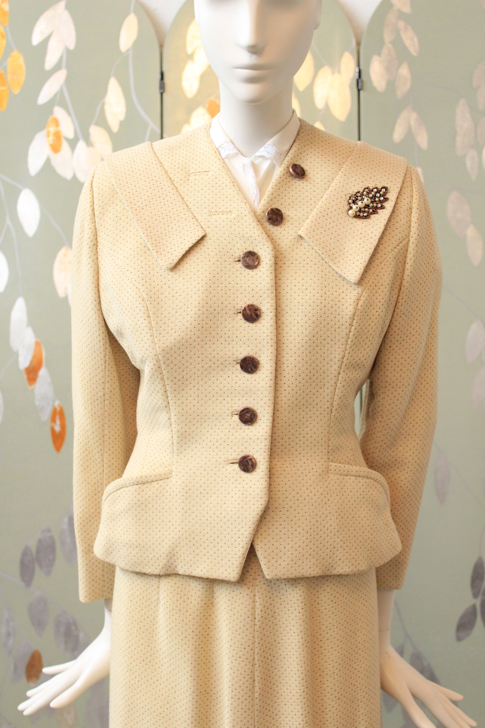 Vintage 1950s Cream and Brown Dot Skirt Suit Set With Leaf Embellishment, XS