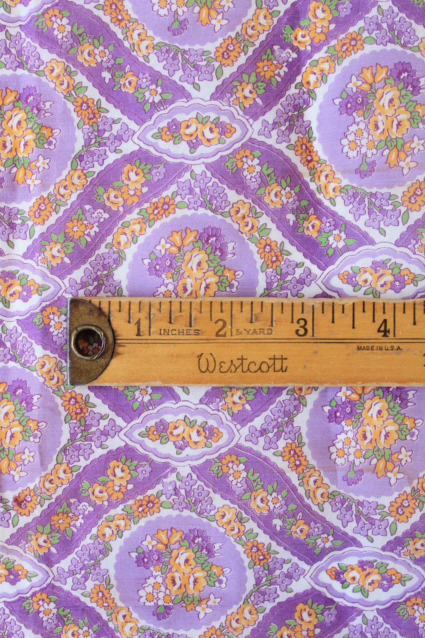 1930s Purple Cotton Sewing Fabric With Orange Flowers , 3.4 Yards