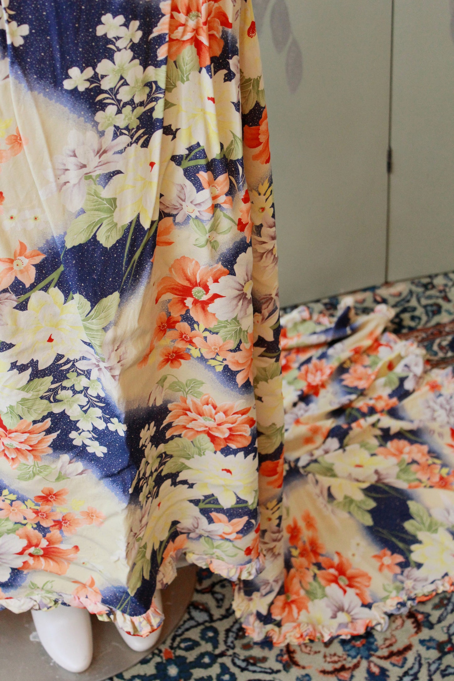 1930s Bias Cut Yellow And Orange Floral Gown With Train, Small