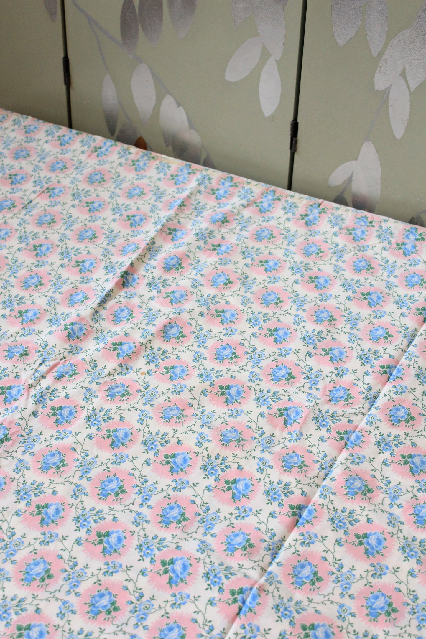 1950s Light Blue And Pink Floral Cotton Duvet Cover, 4.4 Yards Of Fabric