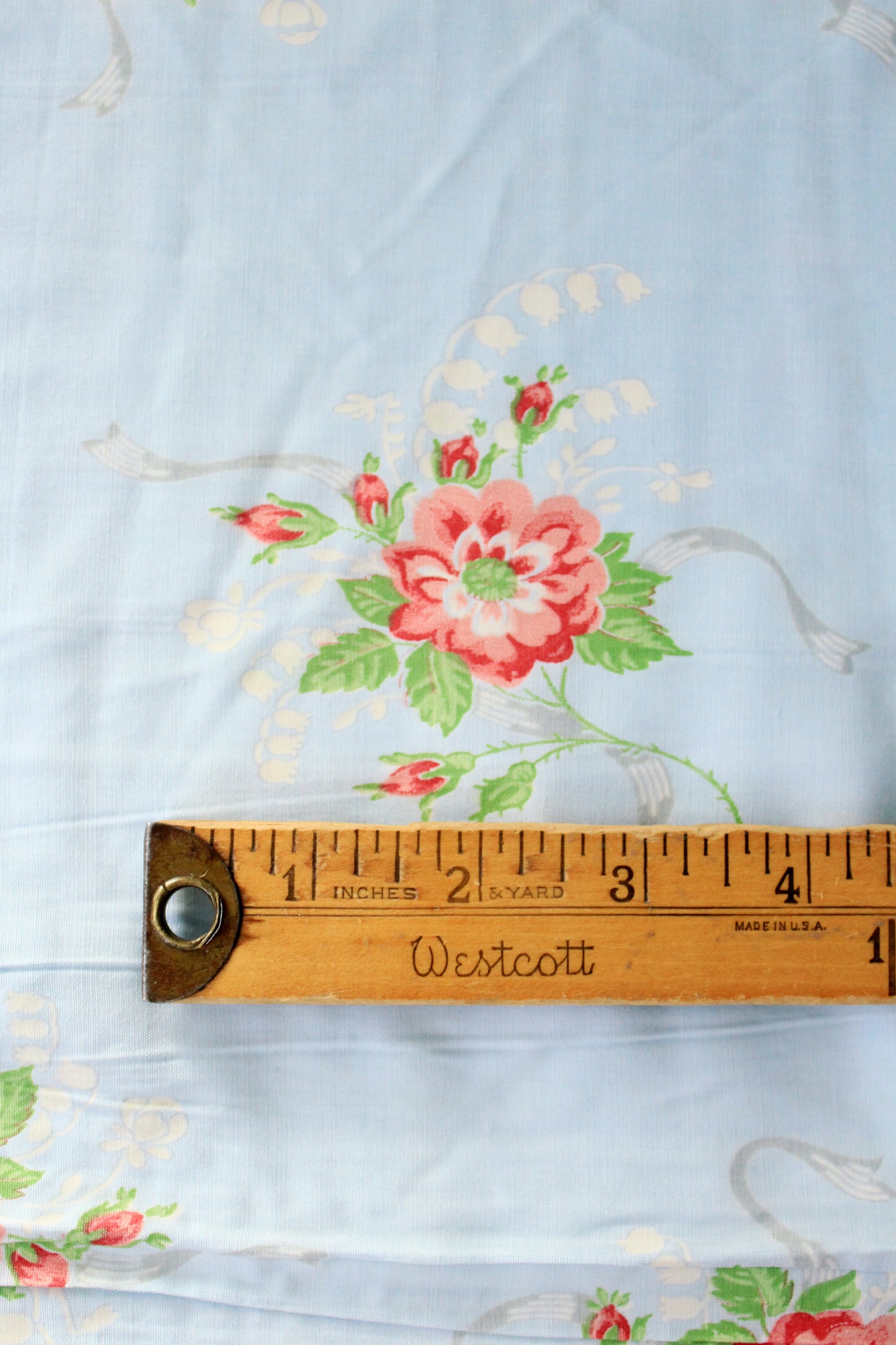 1940s Light Blue Cotton Fabric With Pink Flowers, 9 Yards