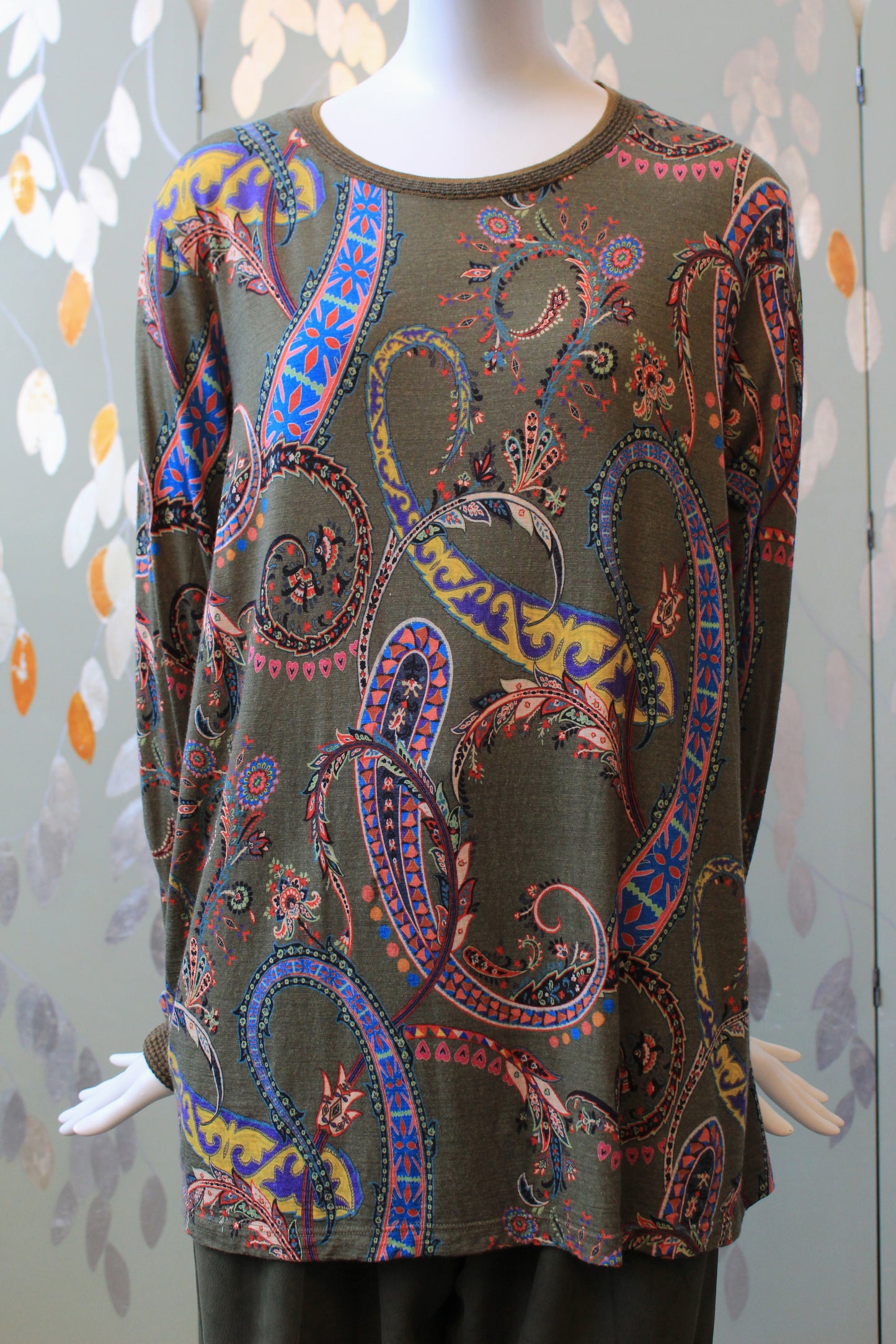 Early 2000s Olive Green Etro Long Sleeve Paisley Print Cotton Long Sleeve Top, Large