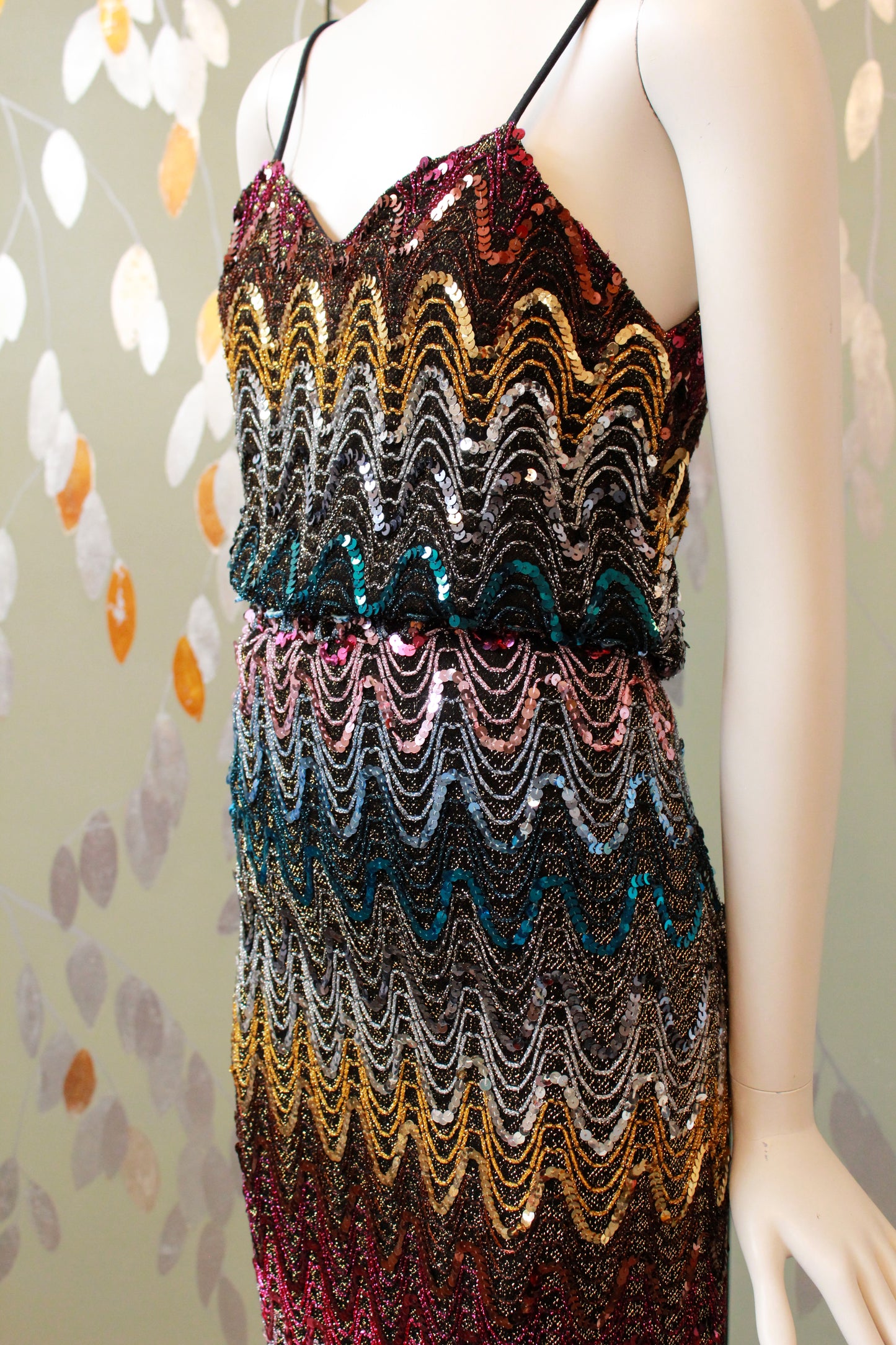 Vintage 1970s Sparkly Sequin Rainbow Spaghetti Strap Disco Dress, XS