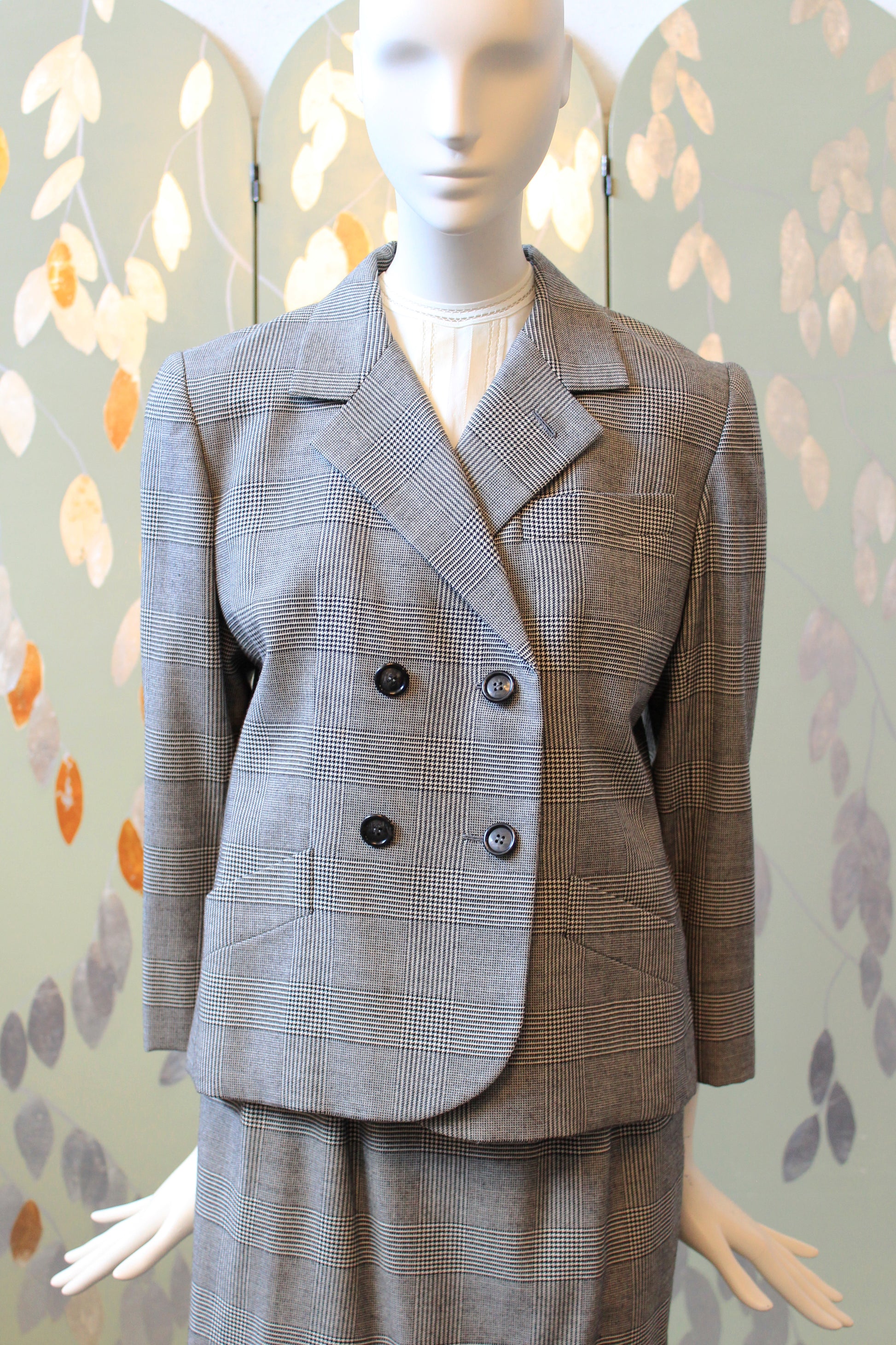 1990s Lily Simon 3PC Houndstooth Fur Trim Skirt Set With Scarf, Small