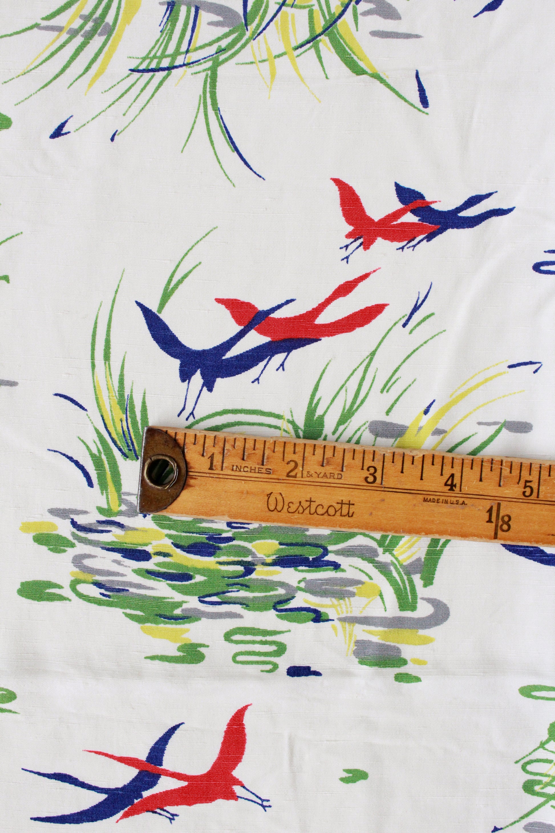 Vintage 1940s Rayon Novelty Print Fabric With Cranes On Pond, 1.5 Yards