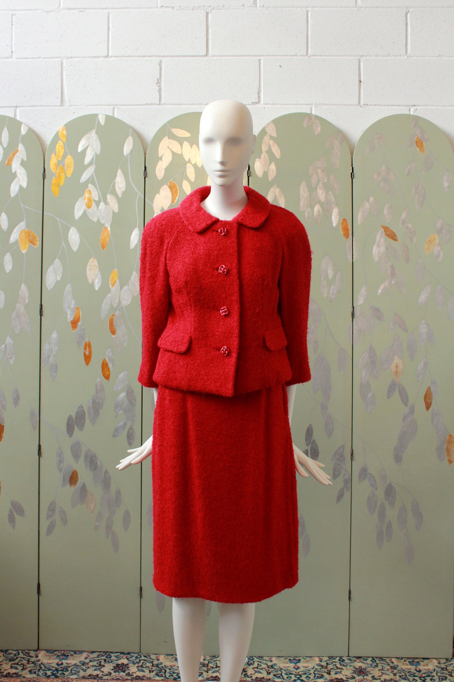 Vintage 1960s Red Jackie O Style Skirt Set With Intricate Buttons, XS