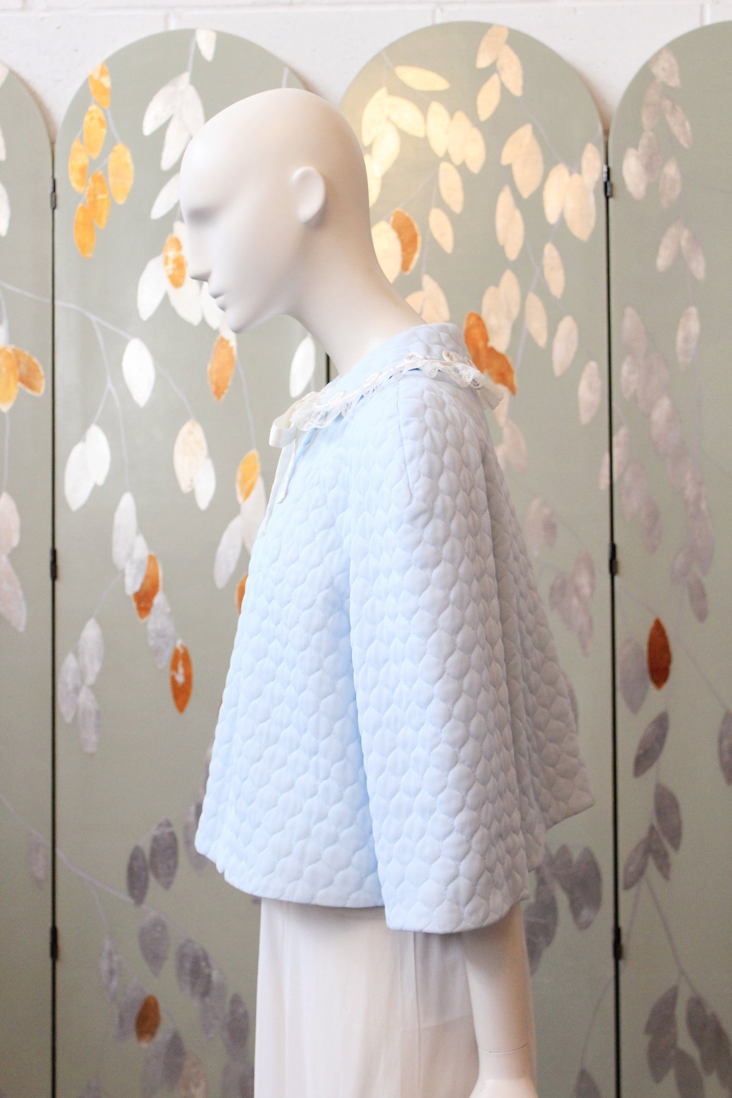 1960s Light Blue Quilted Bed Jacket With Collar, S/M