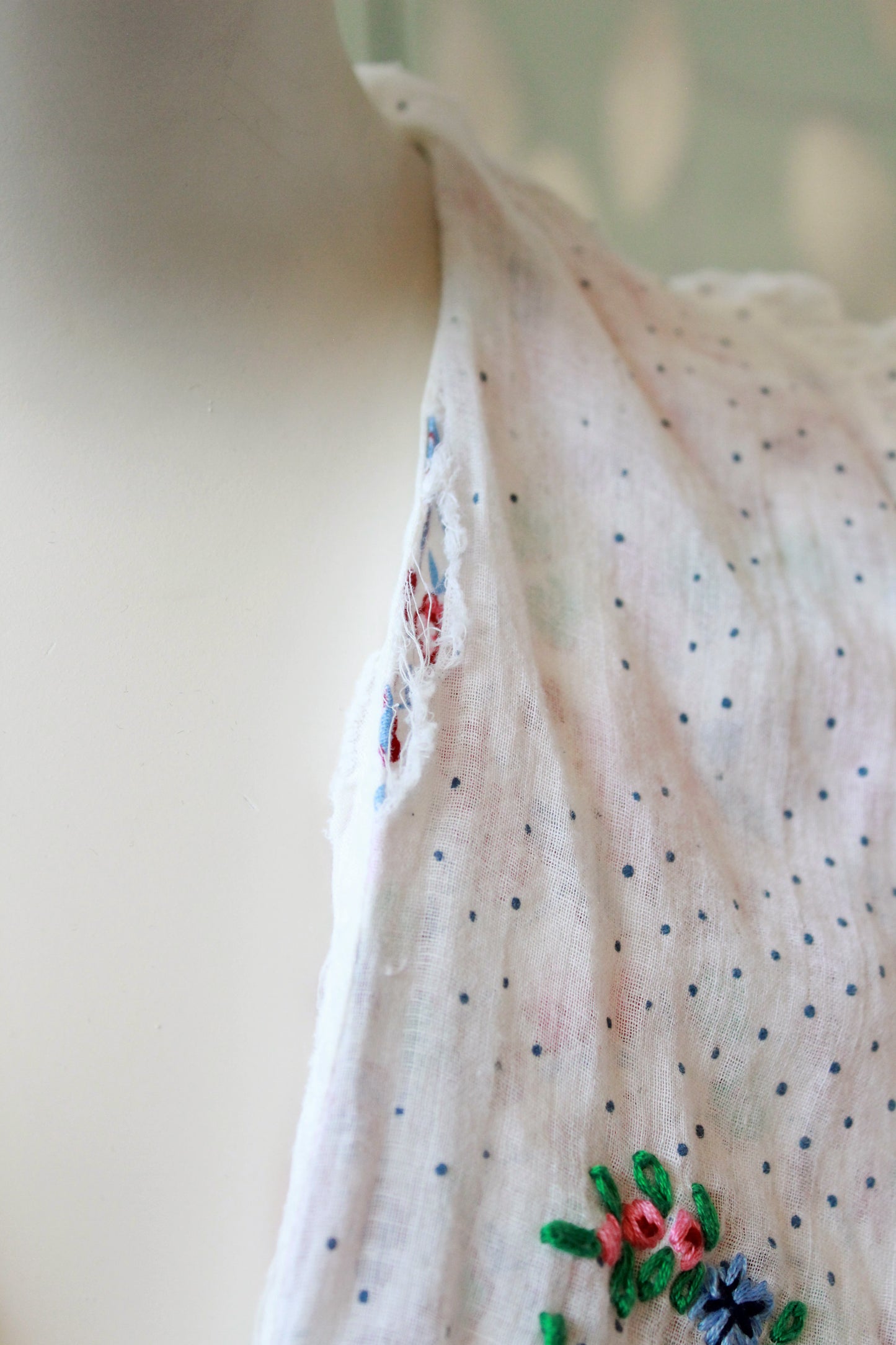 1940s  Floral Cotton Wrap House Dress With Embroidery, Medium