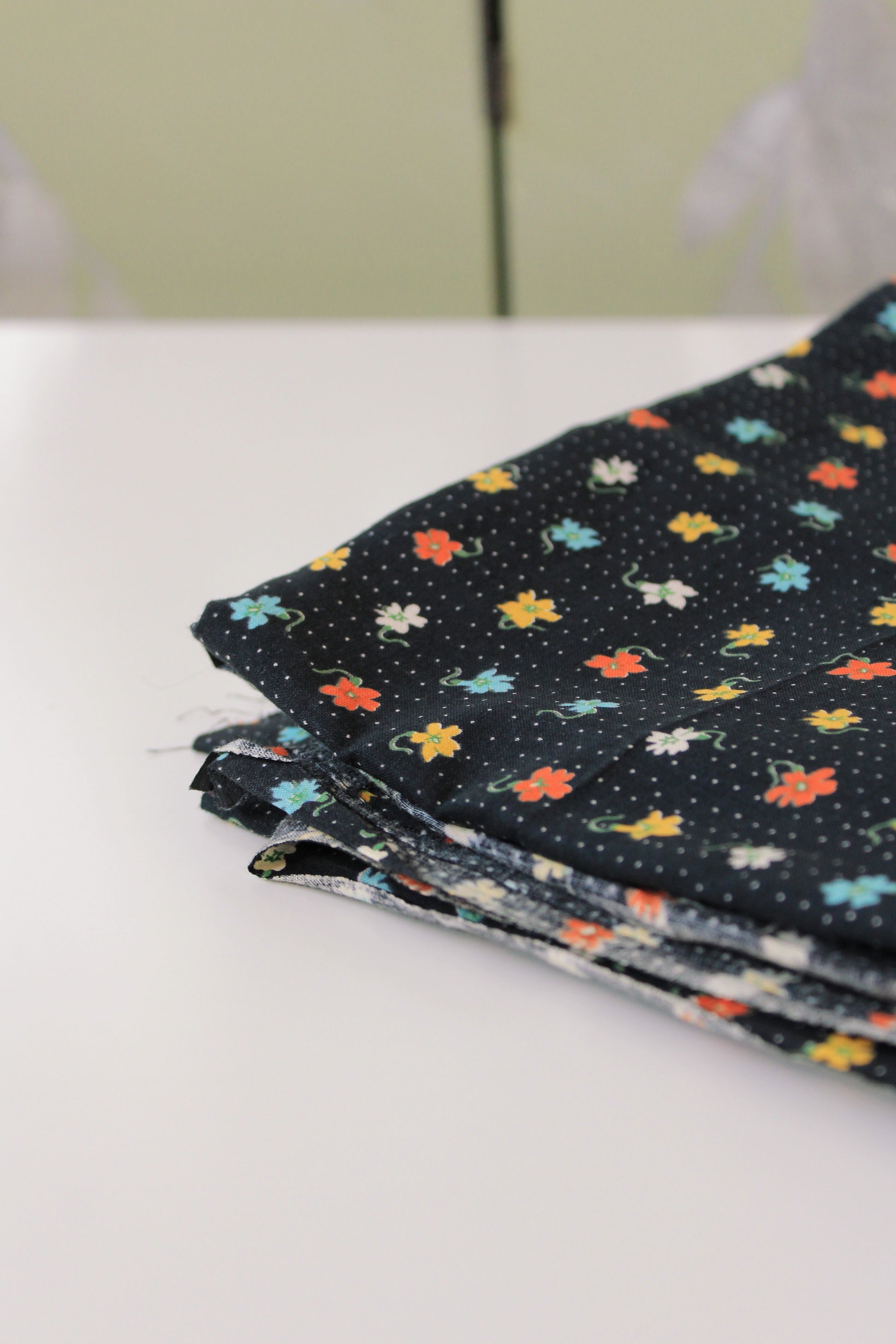 1950s Black Polka Dot Cotton Fabric With Bright Coral/Yellow/Teal Flowers, 4.1 Yards