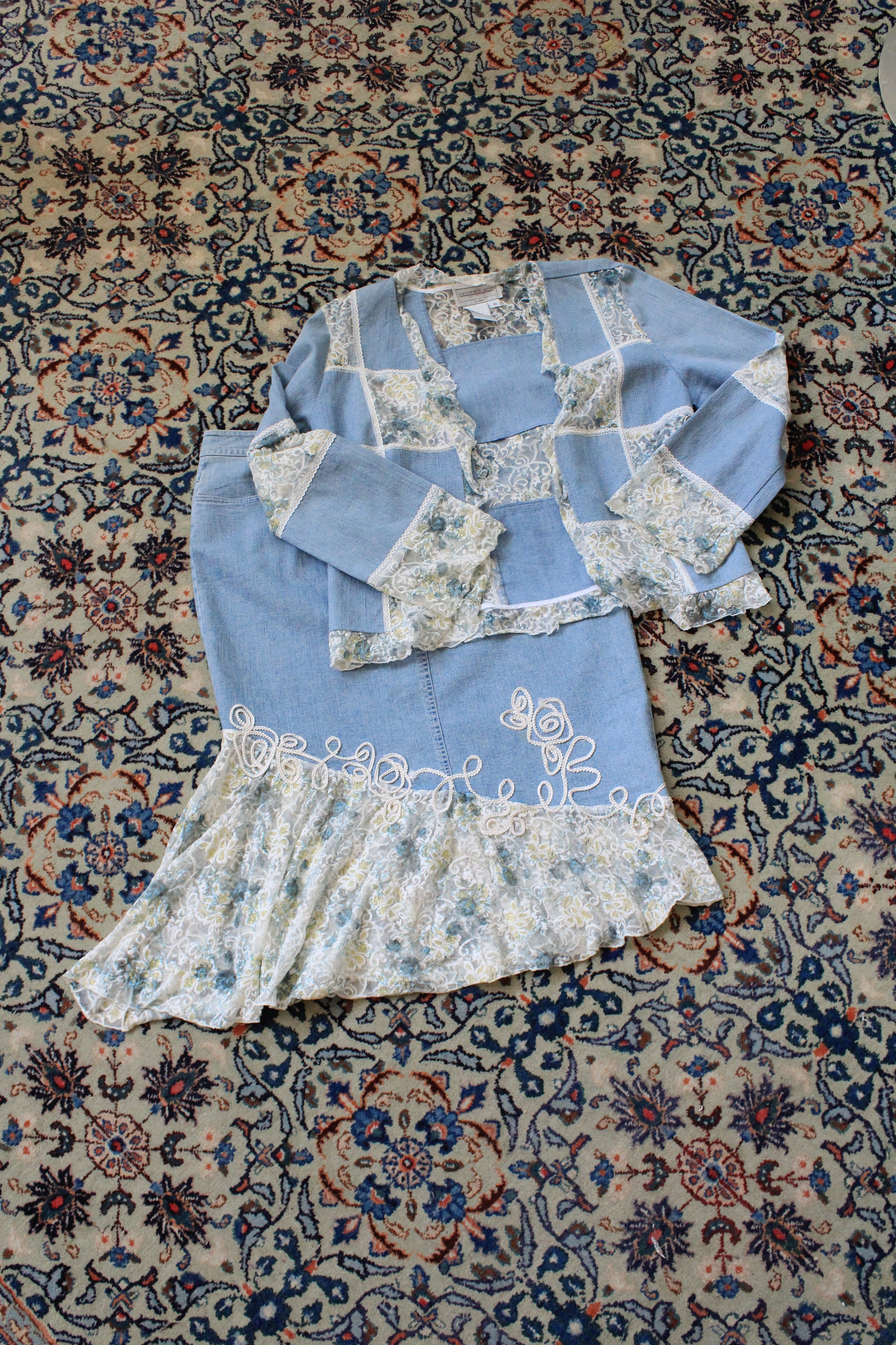 Early 2000s Denim and White Lace Skirt Matching Set, Medium 