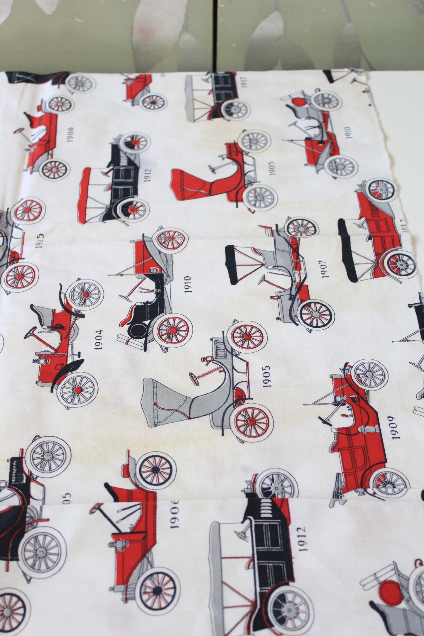 1950s/60s Novelty Antique Car Cotton Sewing Fabric In Red/Black/White, 4 Yards