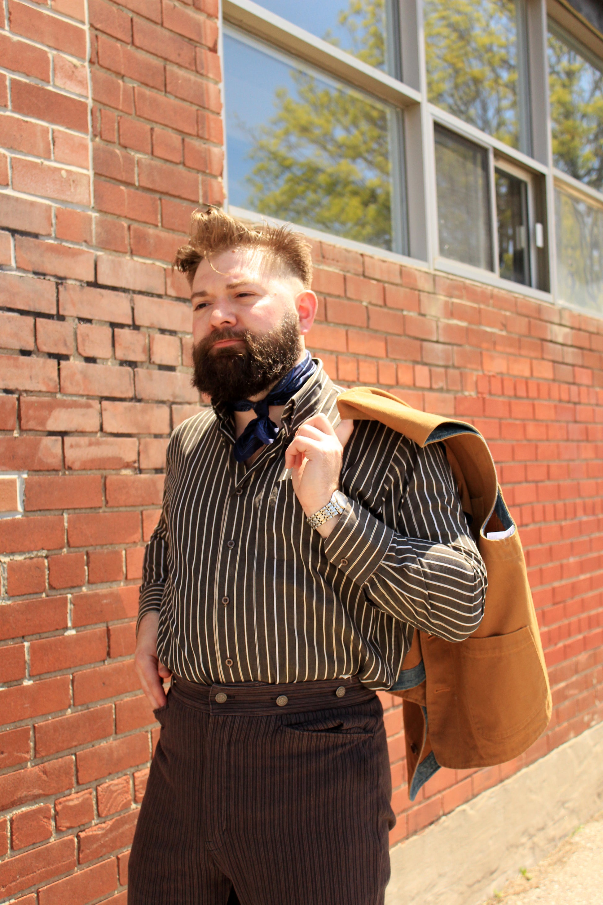 Men's Brown Striped Button Down Collar Shirt, Large Men's Brown Striped Button Down Collar Shirt, Large