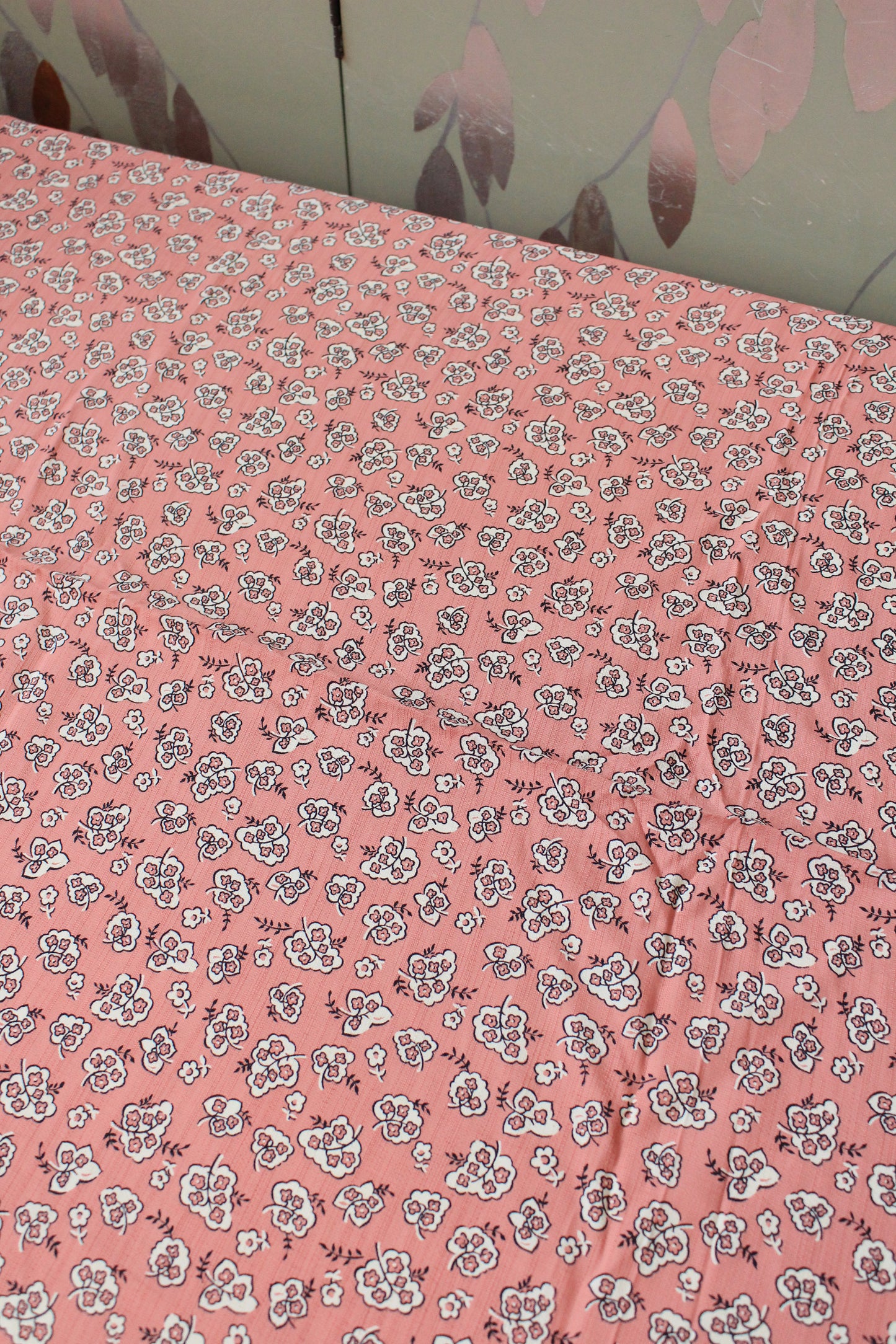 1940s Pink With White Illustrated Flowers Rayon Fabric, 3.3 Yards
