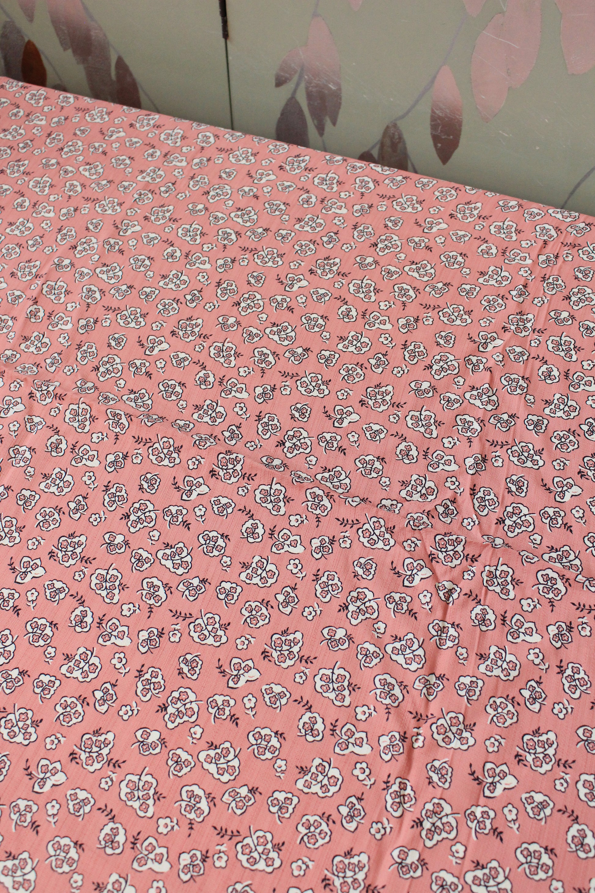 1940s Pink With White Illustrated Flowers Rayon Fabric, 3.3 Yards