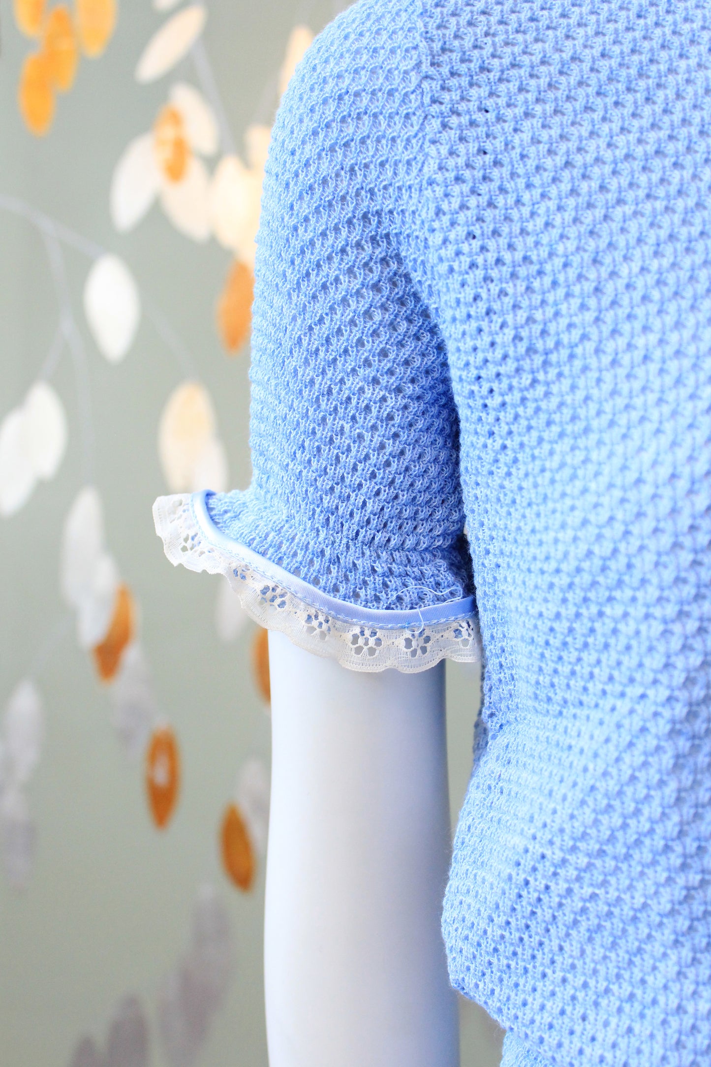 1980s Ultra Feminine Deadstock Short Sleeve Light Blue Knit Top With Lace Trim And Bow, Small