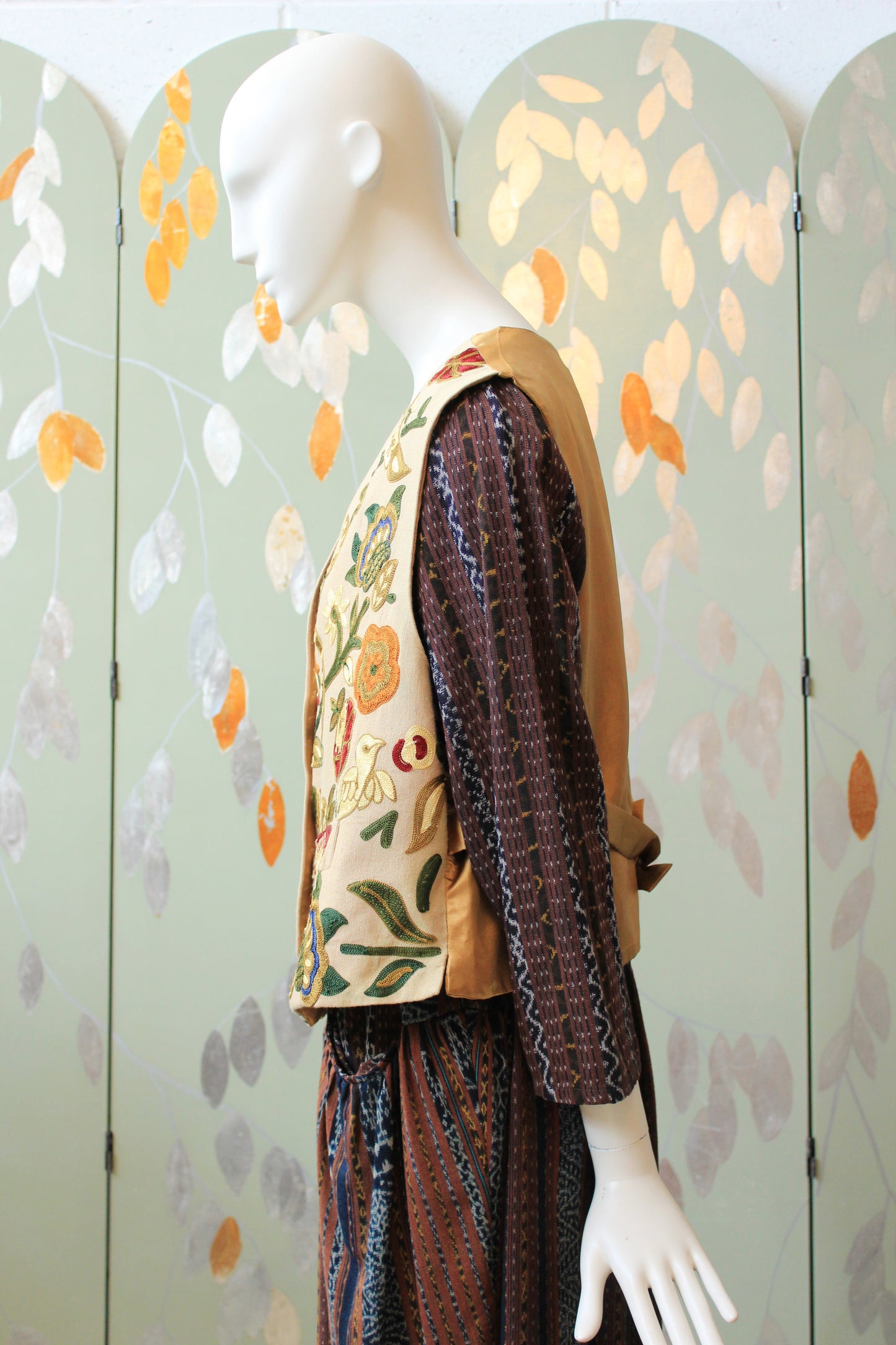 Whimsical Cream Floral and Bird Embroidered Vest, Made In India, Large