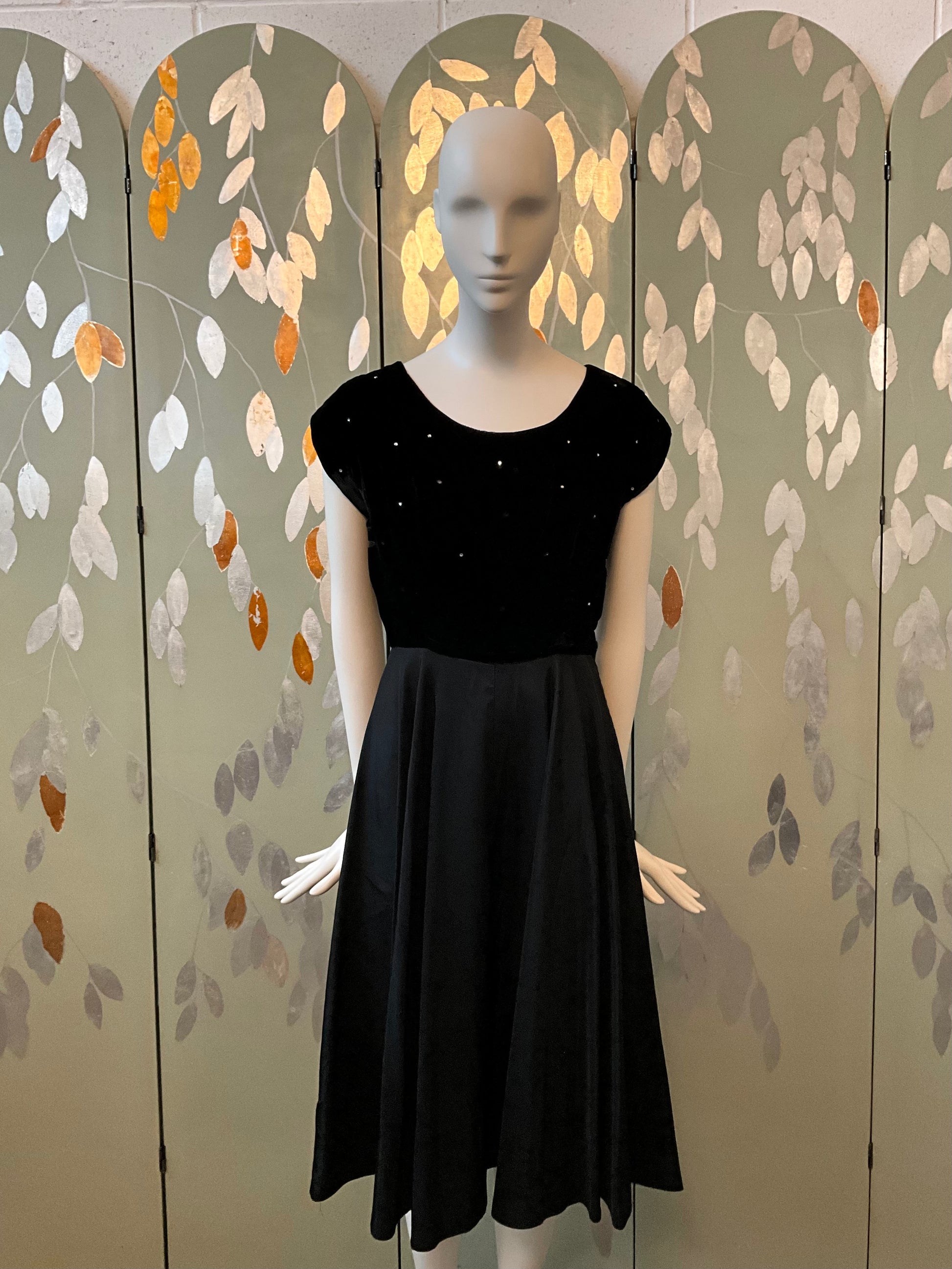Vintage 1950s Black Velvet Rhinestone Cocktail Dress, Small Vintage 1950s Black Velvet Rhinestone Cocktail Dress, Small