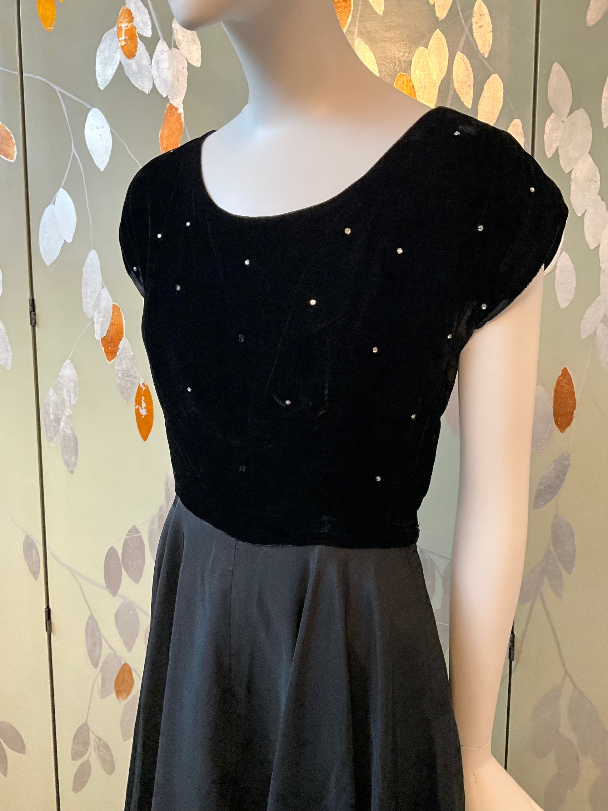 Vintage 1950s Black Velvet Rhinestone Cocktail Dress, Small Vintage 1950s Black Velvet Rhinestone Cocktail Dress, Small